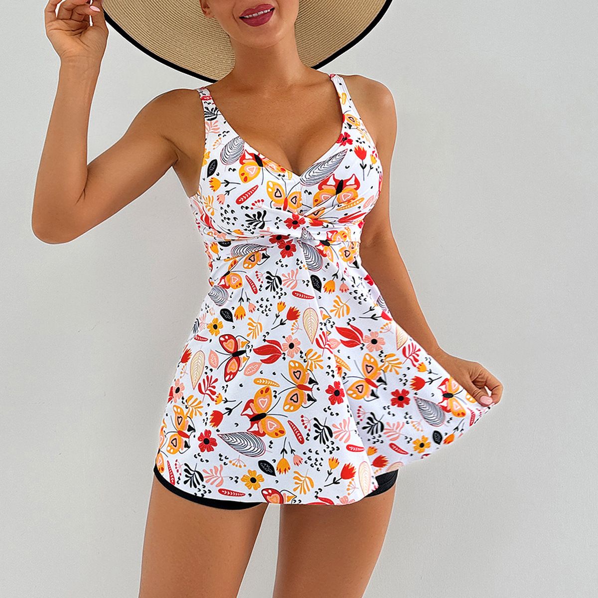 (image for) Women Tankini Swimsuit V‑Neck Tropical Floral Print Skirted Two‑Piece Bathing Suit With Shorts