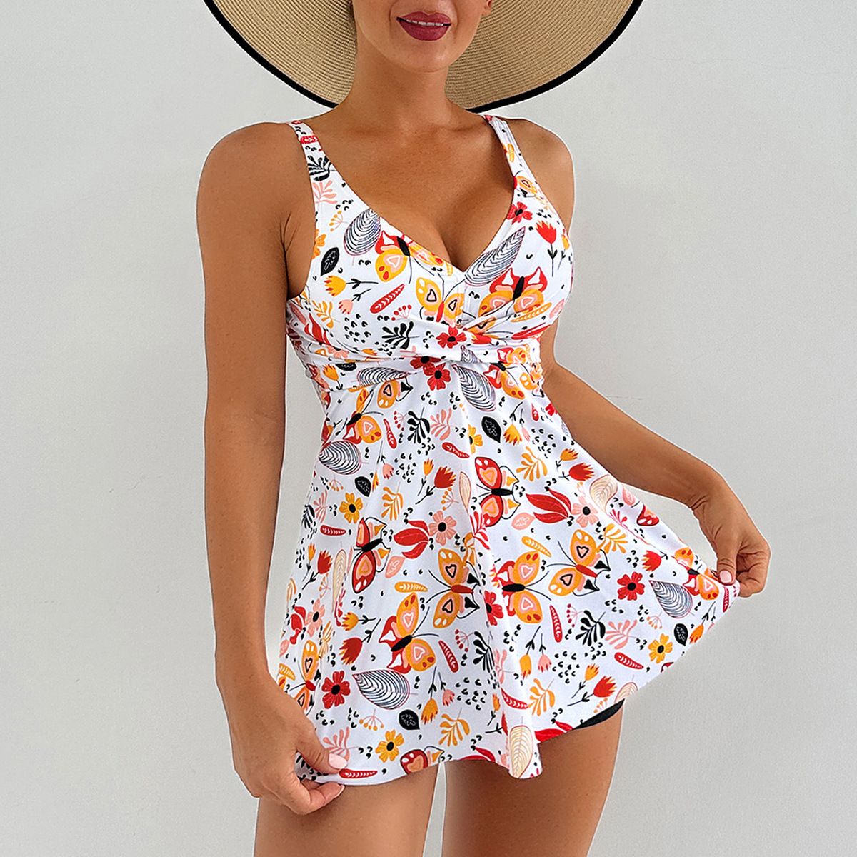 (image for) Women Tankini Swimsuit V‑Neck Tropical Floral Print Skirted Two‑Piece Bathing Suit With Shorts