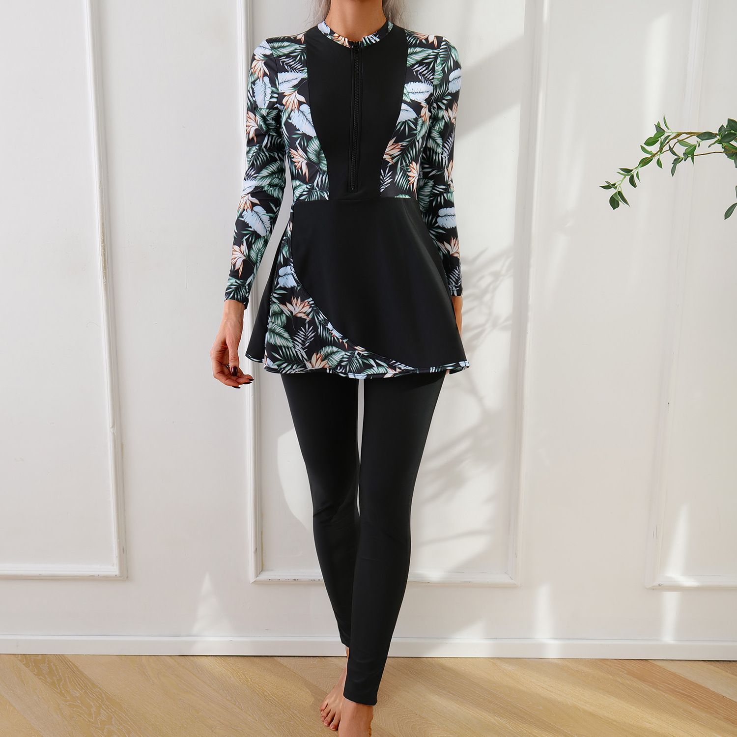 (image for) Women Modest Burkini Swimsuit Long Sleeve Printed Splicing Full Coverage Muslim Swimwear