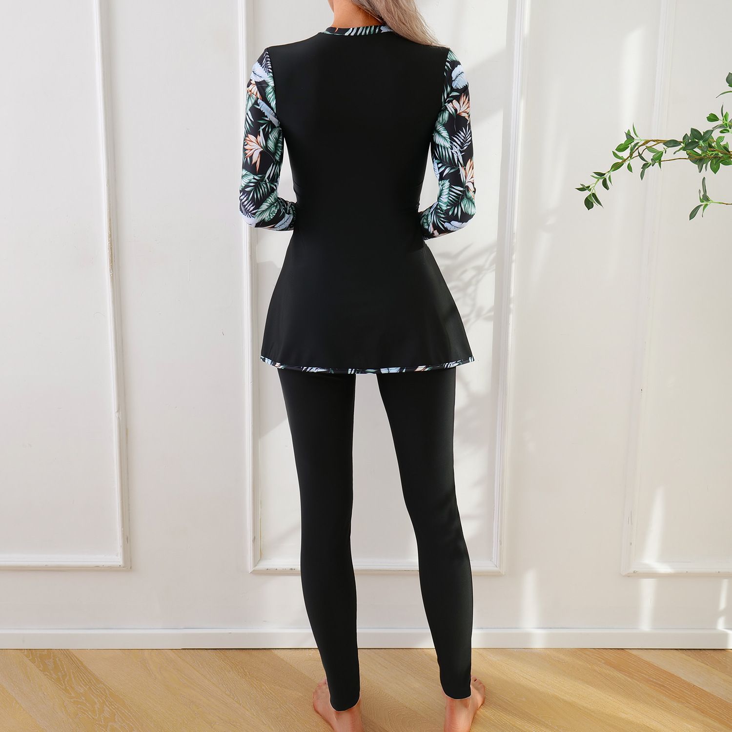 (image for) Women Modest Burkini Swimsuit Long Sleeve Printed Splicing Full Coverage Muslim Swimwear