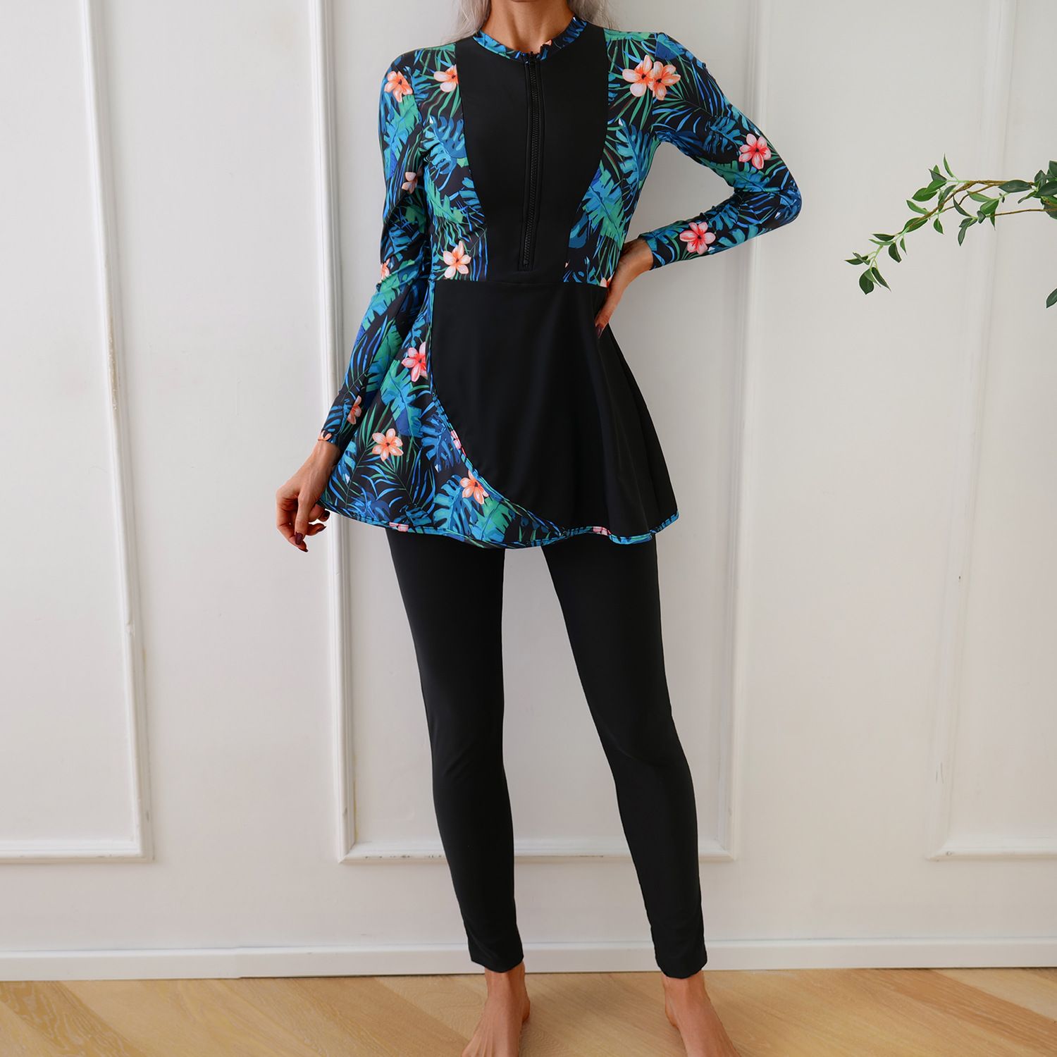 (image for) Women Modest Burkini Swimsuit Long Sleeve Printed Splicing Full Coverage Muslim Swimwear