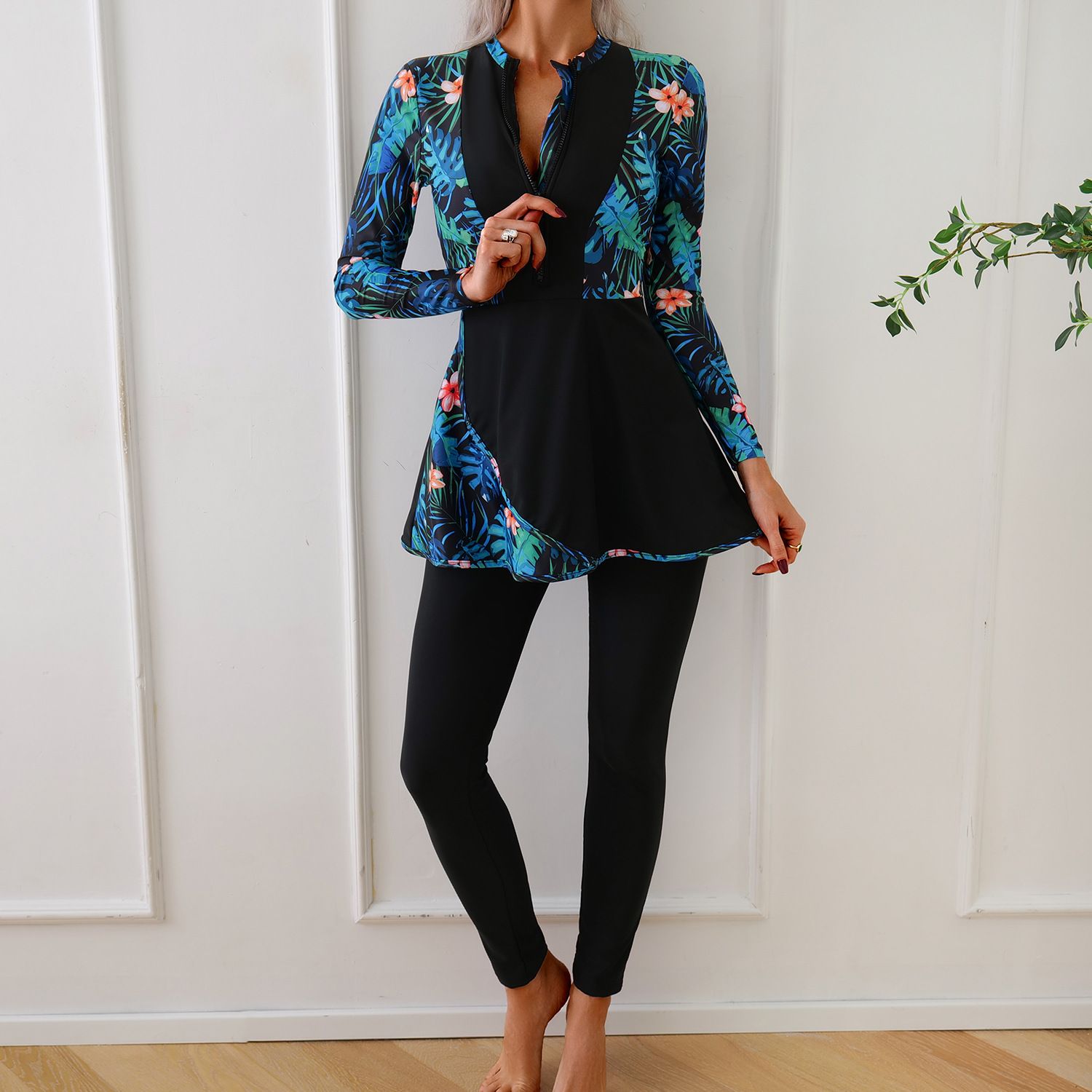 (image for) Women Modest Burkini Swimsuit Long Sleeve Printed Splicing Full Coverage Muslim Swimwear