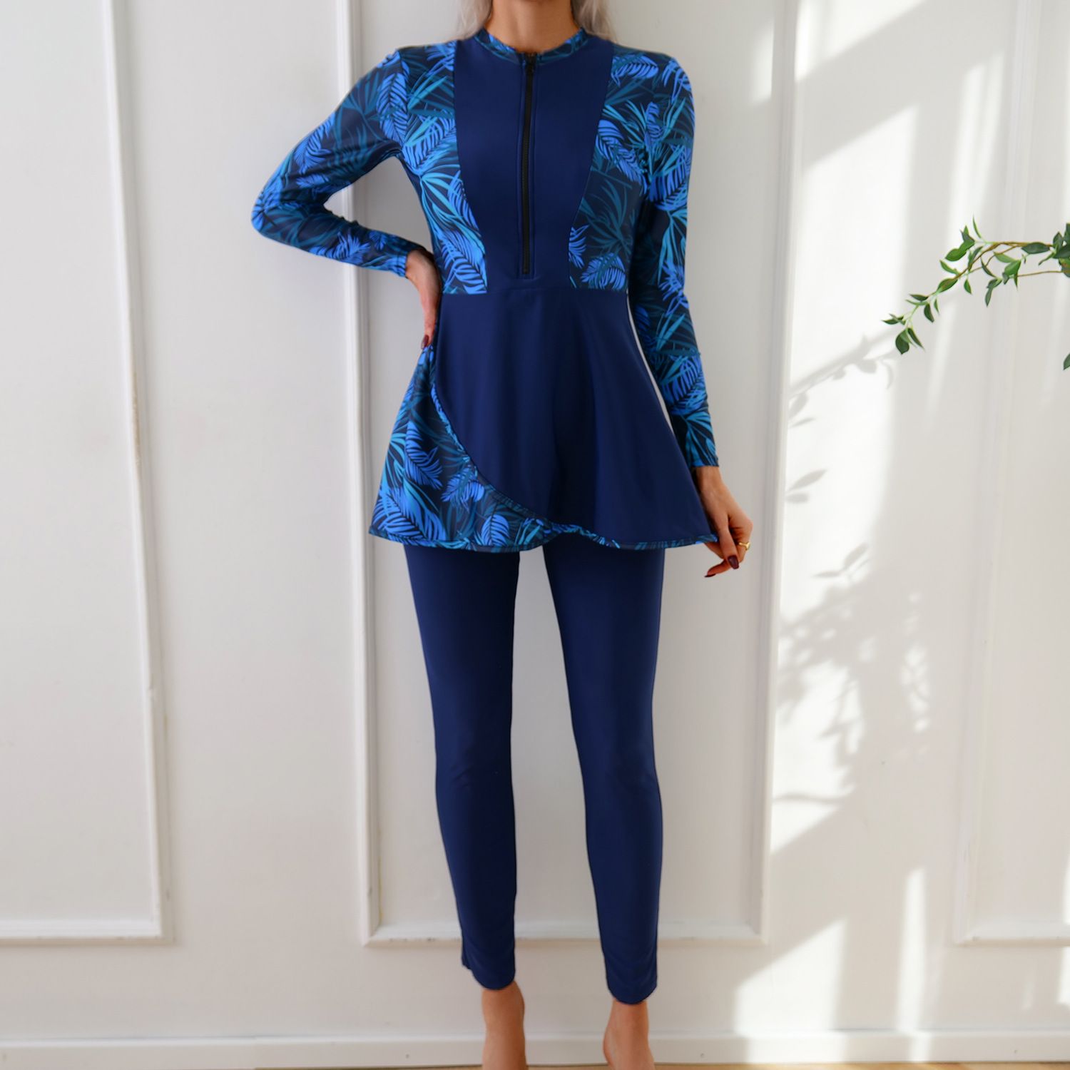 (image for) Women Modest Burkini Swimsuit Long Sleeve Printed Splicing Full Coverage Muslim Swimwear