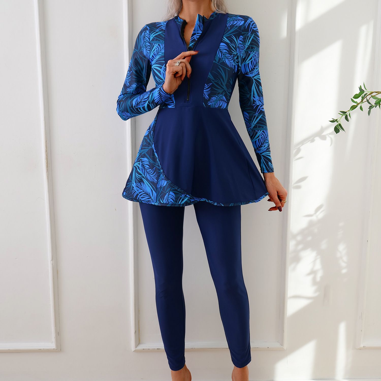 (image for) Women Modest Burkini Swimsuit Long Sleeve Printed Splicing Full Coverage Muslim Swimwear