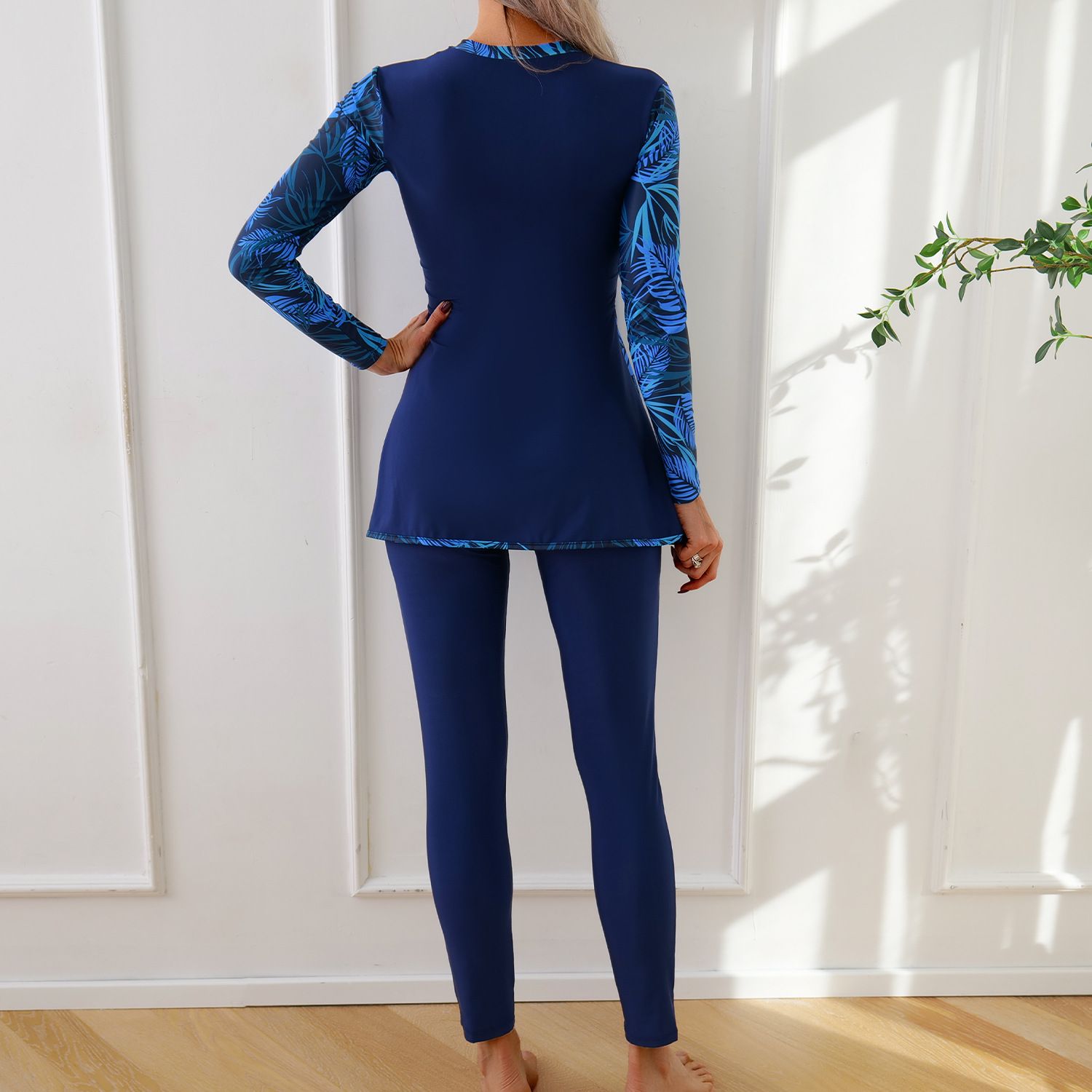 (image for) Women Modest Burkini Swimsuit Long Sleeve Printed Splicing Full Coverage Muslim Swimwear