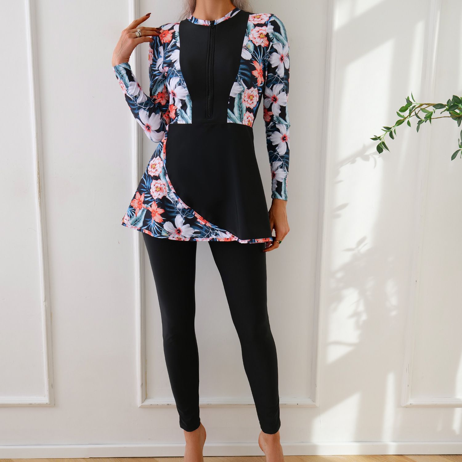 (image for) Women Modest Burkini Swimsuit Long Sleeve Printed Splicing Full Coverage Muslim Swimwear