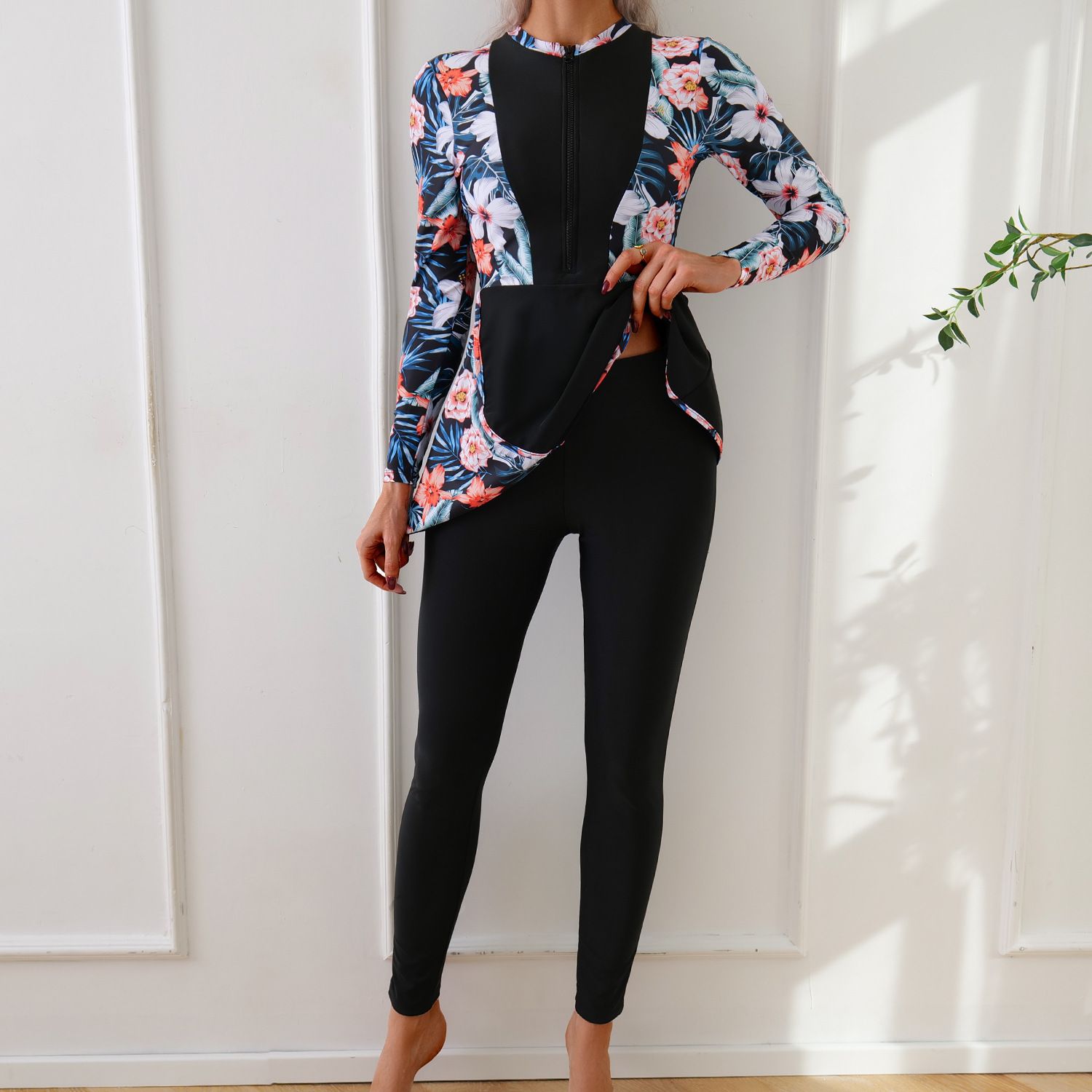 (image for) Women Modest Burkini Swimsuit Long Sleeve Printed Splicing Full Coverage Muslim Swimwear