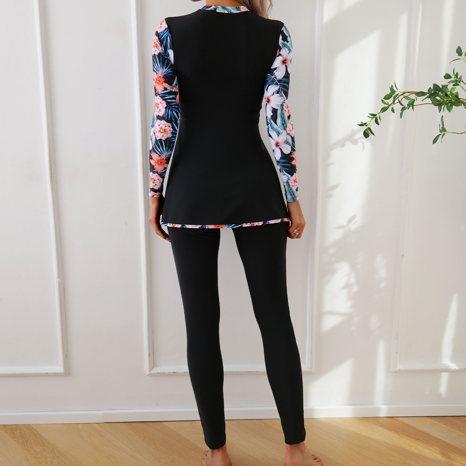 (image for) Women Modest Burkini Swimsuit Long Sleeve Printed Splicing Full Coverage Muslim Swimwear