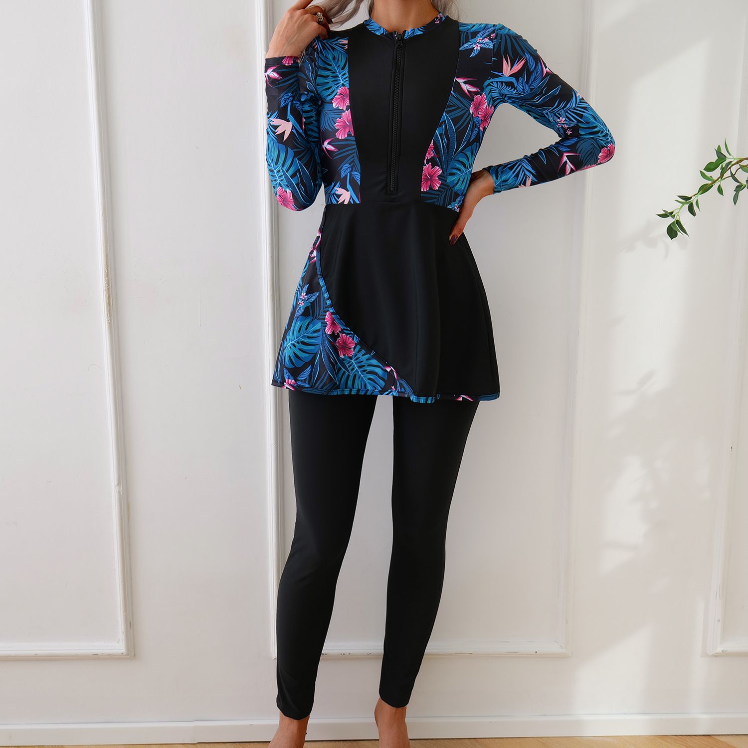 (image for) Women Modest Burkini Swimsuit Long Sleeve Printed Splicing Full Coverage Muslim Swimwear