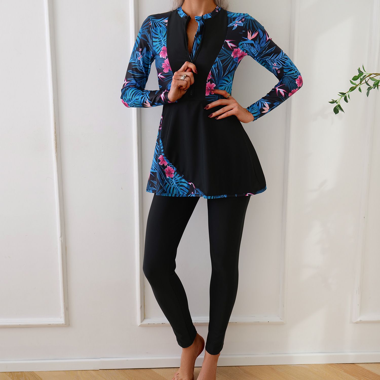 (image for) Women Modest Burkini Swimsuit Long Sleeve Printed Splicing Full Coverage Muslim Swimwear