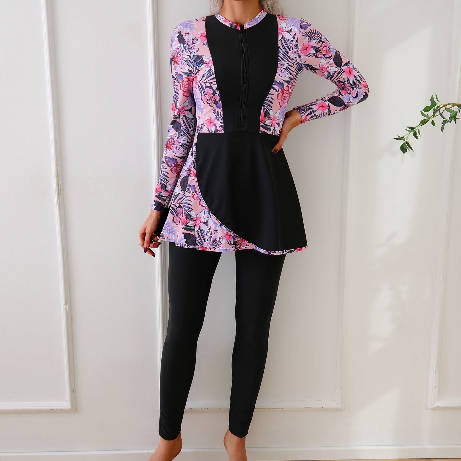 (image for) Women Modest Burkini Swimsuit Long Sleeve Printed Splicing Full Coverage Muslim Swimwear