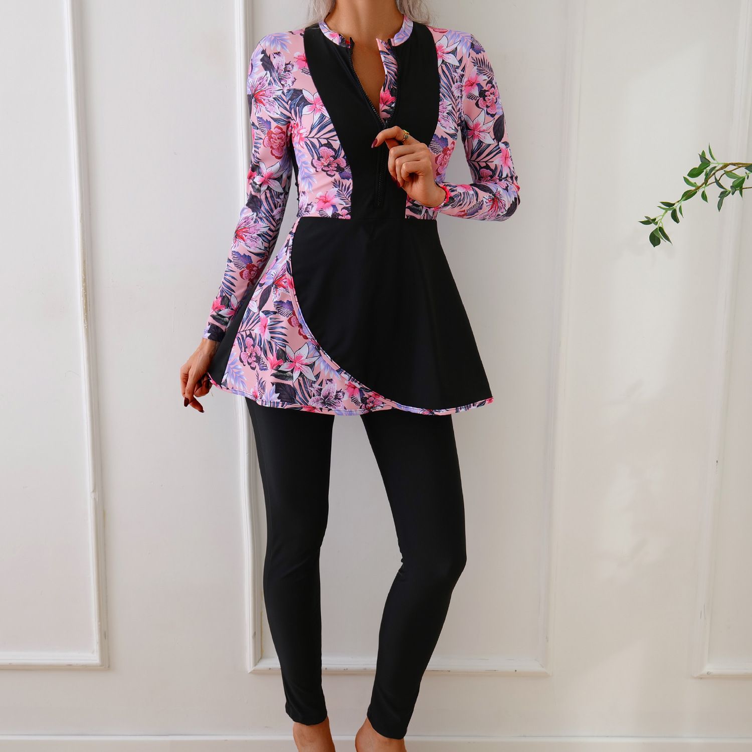 (image for) Women Modest Burkini Swimsuit Long Sleeve Printed Splicing Full Coverage Muslim Swimwear