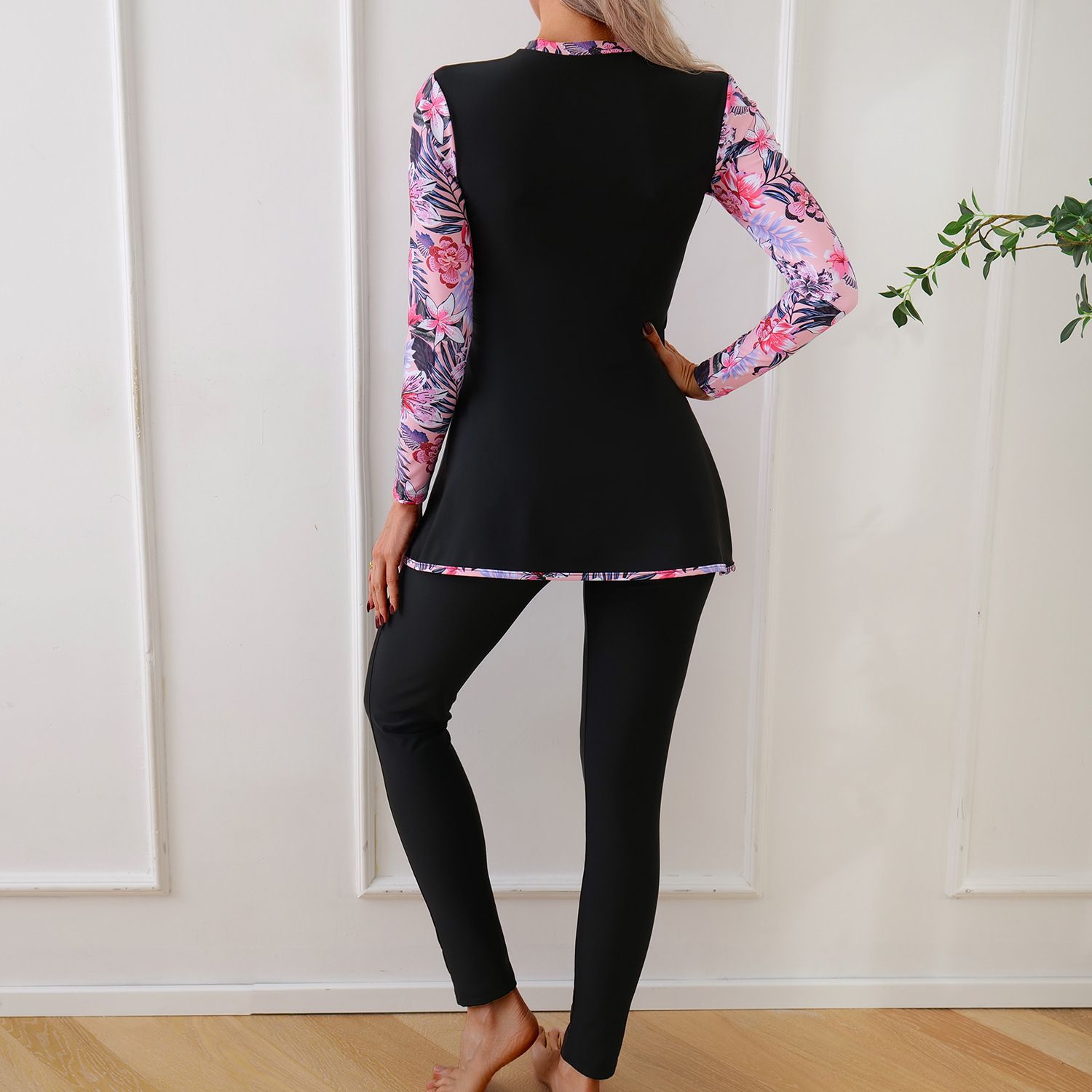 (image for) Women Modest Burkini Swimsuit Long Sleeve Printed Splicing Full Coverage Muslim Swimwear