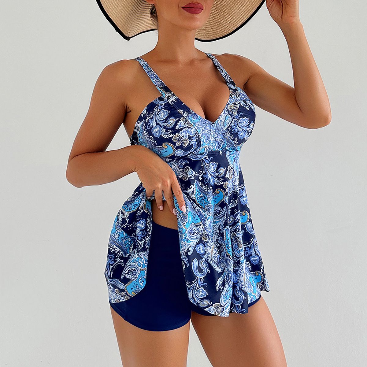 (image for) Women Floral Print Tankini Set Skirted Swimsuit With Boyshort Bottom Conservative Bathing Suit