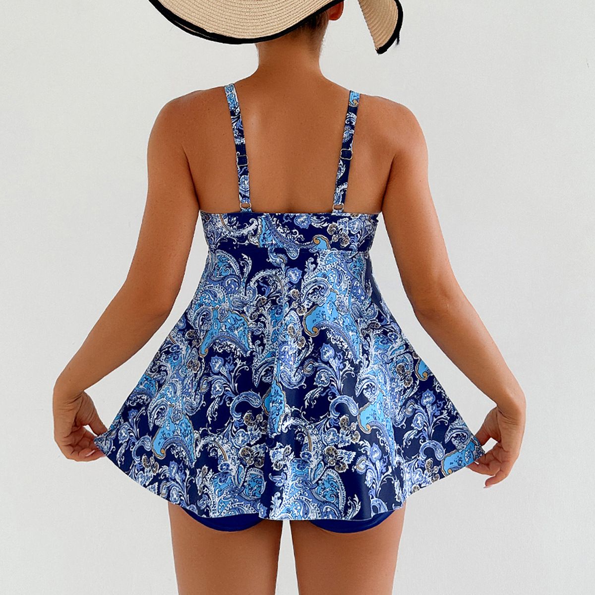 (image for) Women Floral Print Tankini Set Skirted Swimsuit With Boyshort Bottom Conservative Bathing Suit