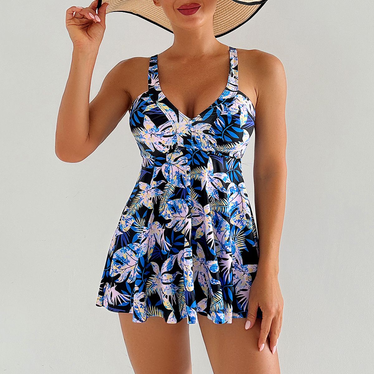 (image for) Women Floral Print Tankini Set Skirted Swimsuit With Boyshort Bottom Conservative Bathing Suit