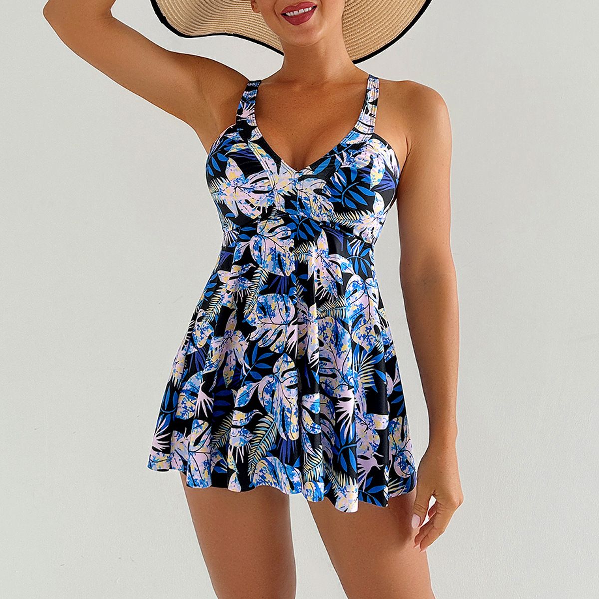 (image for) Women Floral Print Tankini Set Skirted Swimsuit With Boyshort Bottom Conservative Bathing Suit