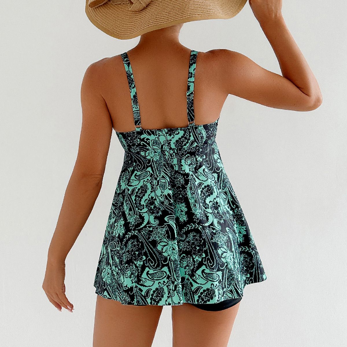 (image for) Women Floral Print Tankini Set Skirted Swimsuit With Boyshort Bottom Conservative Bathing Suit