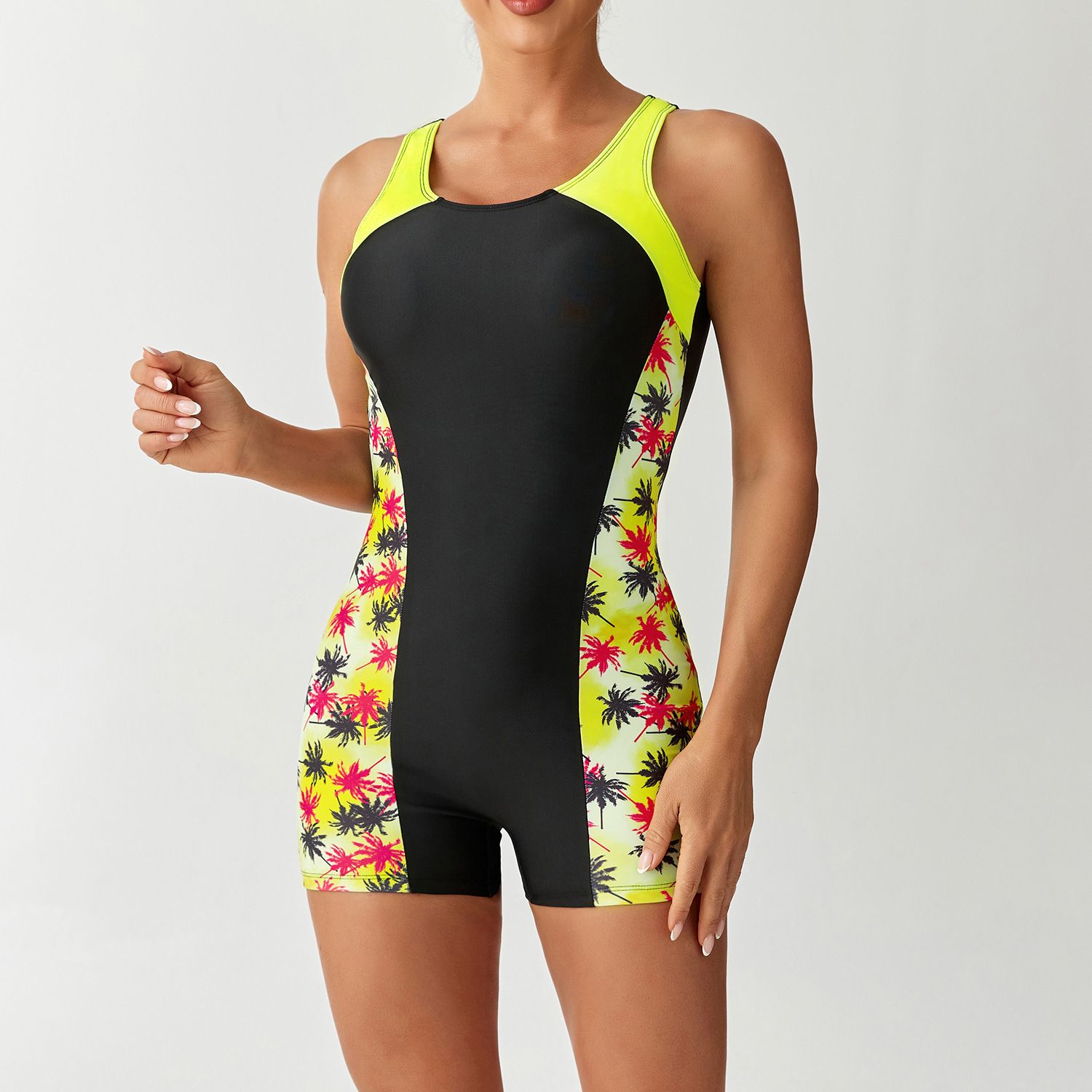 (image for) Women Athletic One‑Piece Boy‑Short Swimsuit, Color Block Floral Print Open Back Competition Bathing Suit