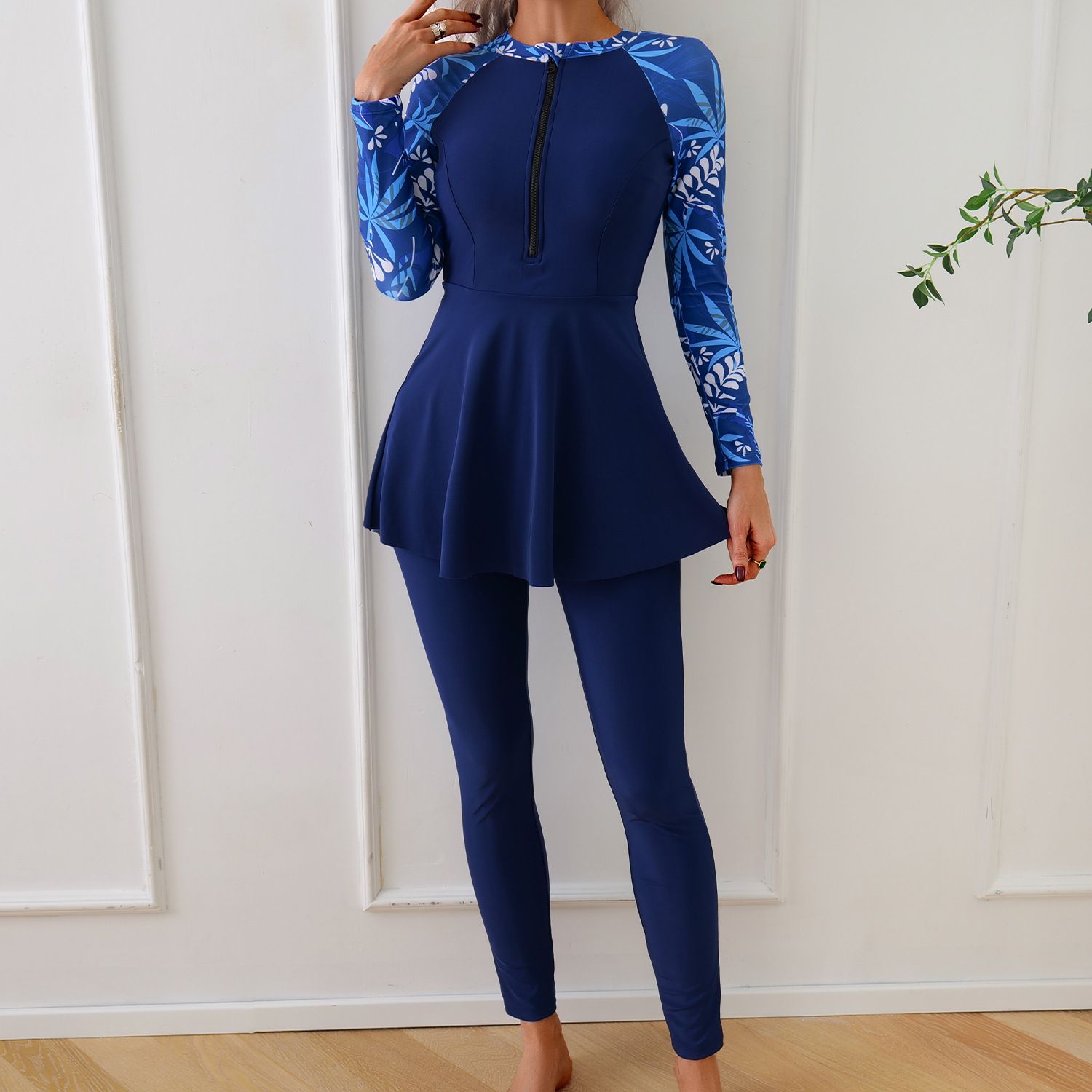 (image for) Women Modest Muslim Swimwear Long Sleeve Zipper Burkini Full Coverage Swimsuit