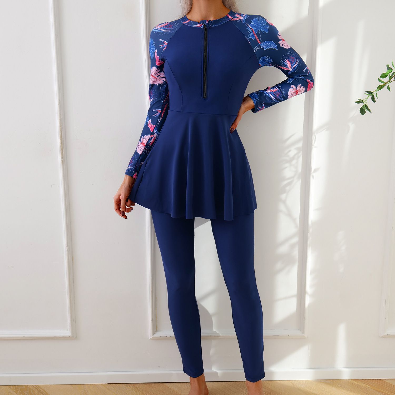 (image for) Women Modest Muslim Swimwear Long Sleeve Zipper Burkini Full Coverage Swimsuit
