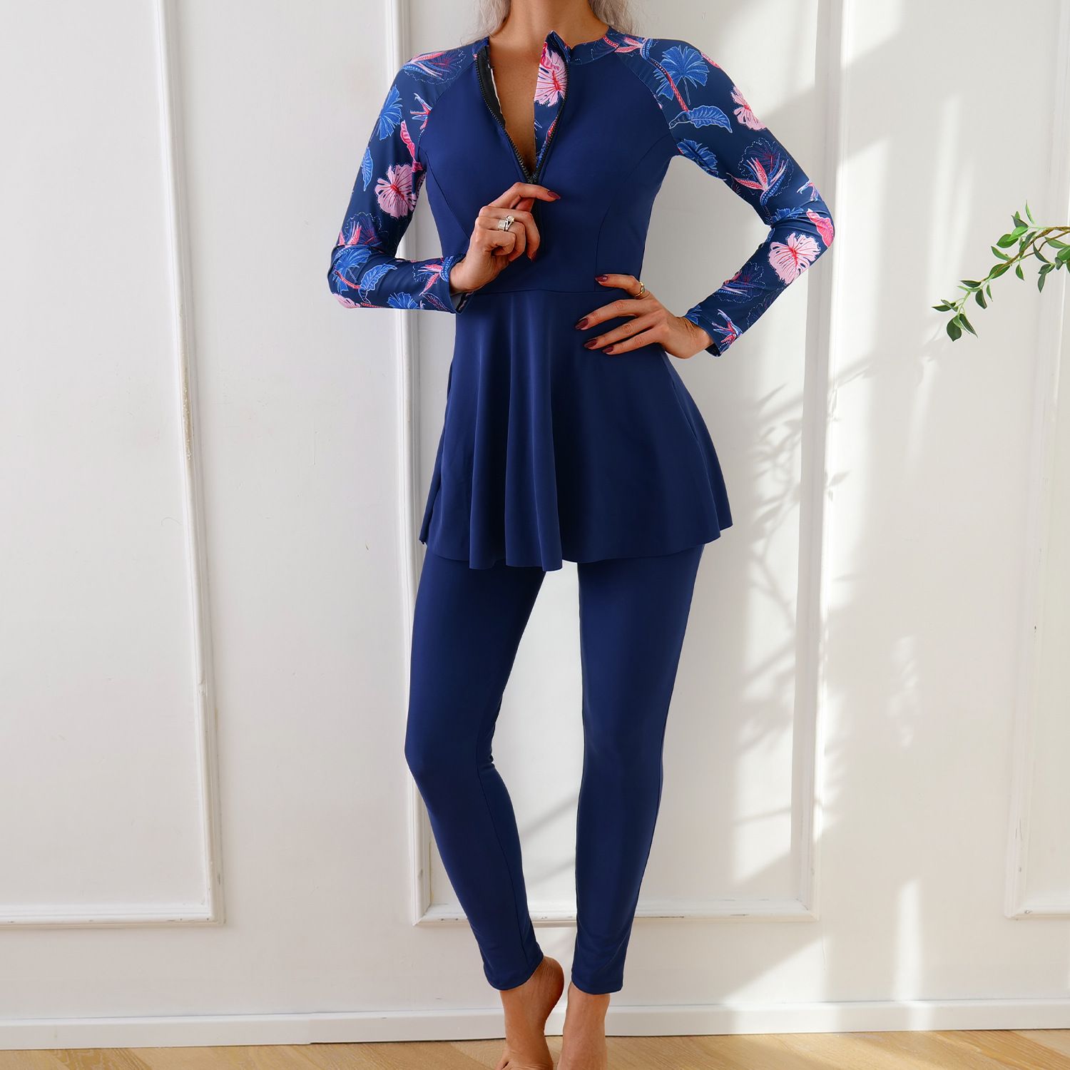 (image for) Women Modest Muslim Swimwear Long Sleeve Zipper Burkini Full Coverage Swimsuit