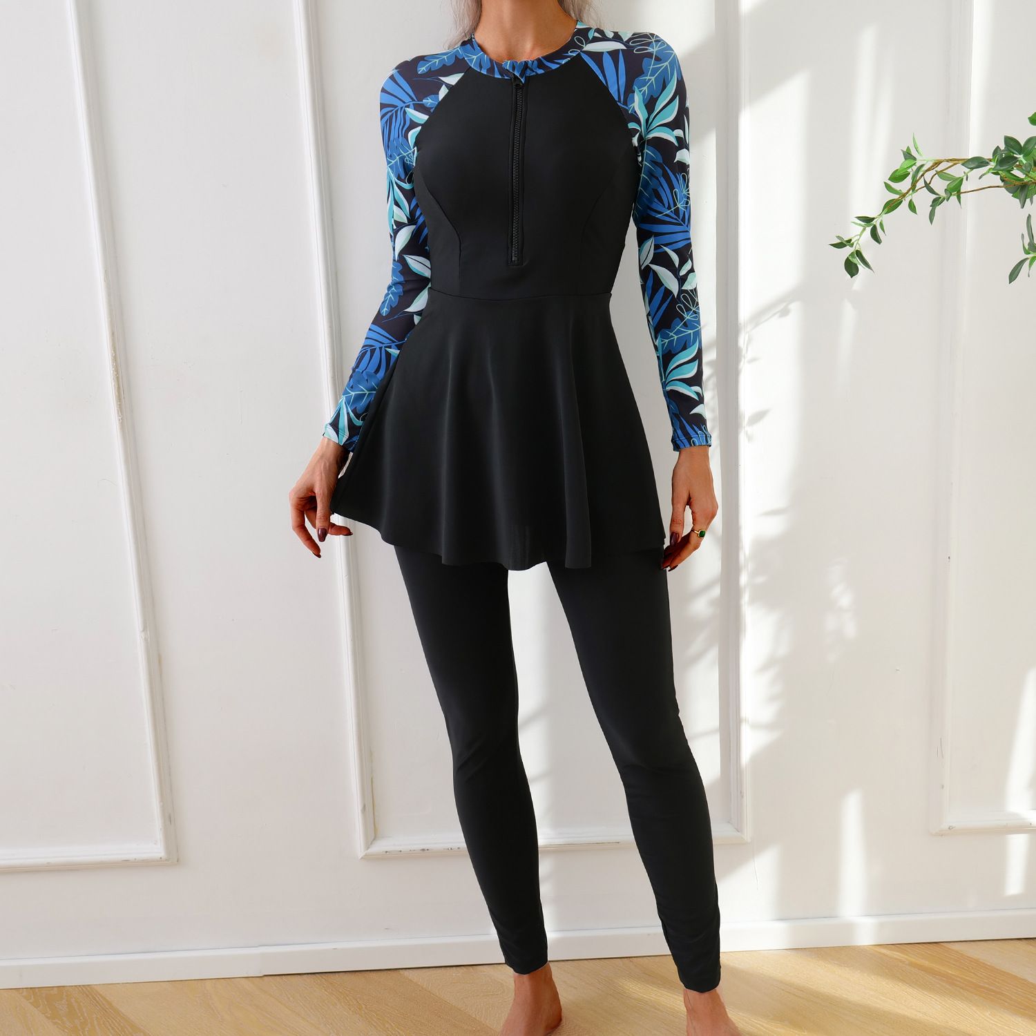 (image for) Women Modest Muslim Swimwear Long Sleeve Zipper Burkini Full Coverage Swimsuit