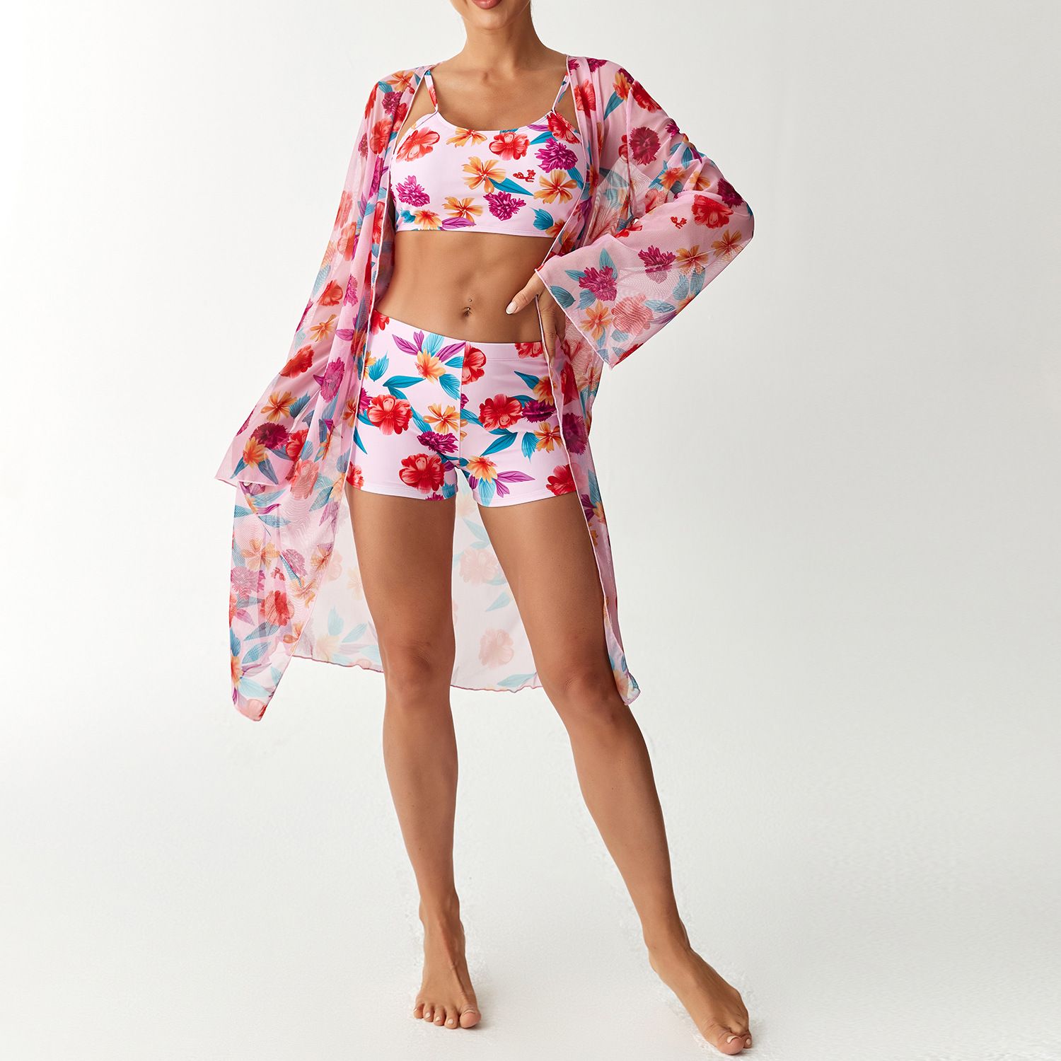 (image for) Women Tropical Print 3 Pieces Bikini Set Crop Top Boyshort Swimsuit with Long Sleeve Cover Up