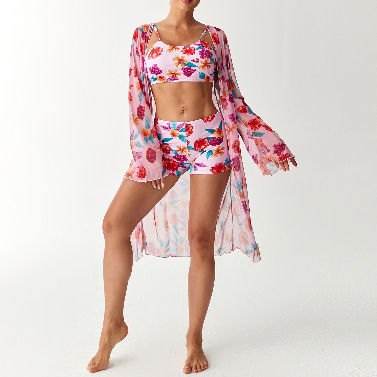 (image for) Women Tropical Print 3 Pieces Bikini Set Crop Top Boyshort Swimsuit with Long Sleeve Cover Up