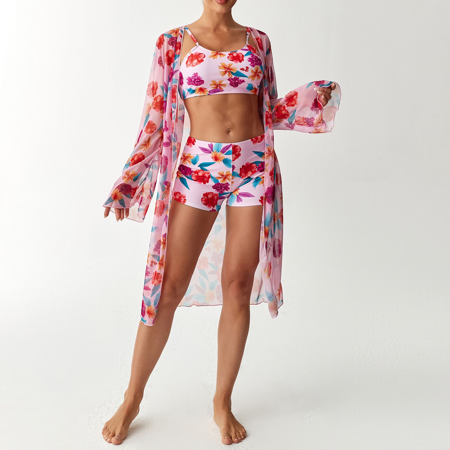 (image for) Women Tropical Print 3 Pieces Bikini Set Crop Top Boyshort Swimsuit with Long Sleeve Cover Up