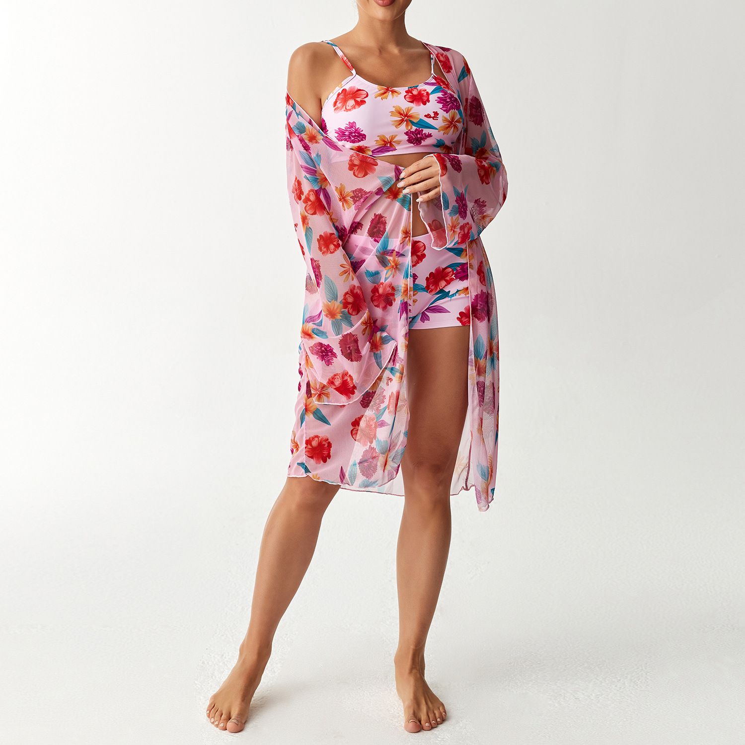 (image for) Women Tropical Print 3 Pieces Bikini Set Crop Top Boyshort Swimsuit with Long Sleeve Cover Up