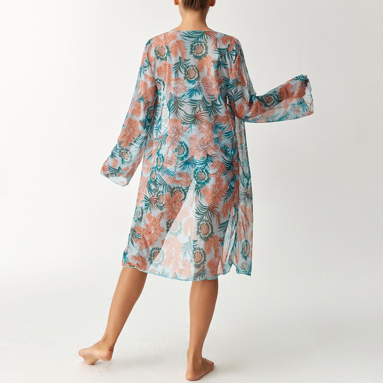 (image for) Women Tropical Print 3 Pieces Bikini Set Crop Top Boyshort Swimsuit with Long Sleeve Cover Up