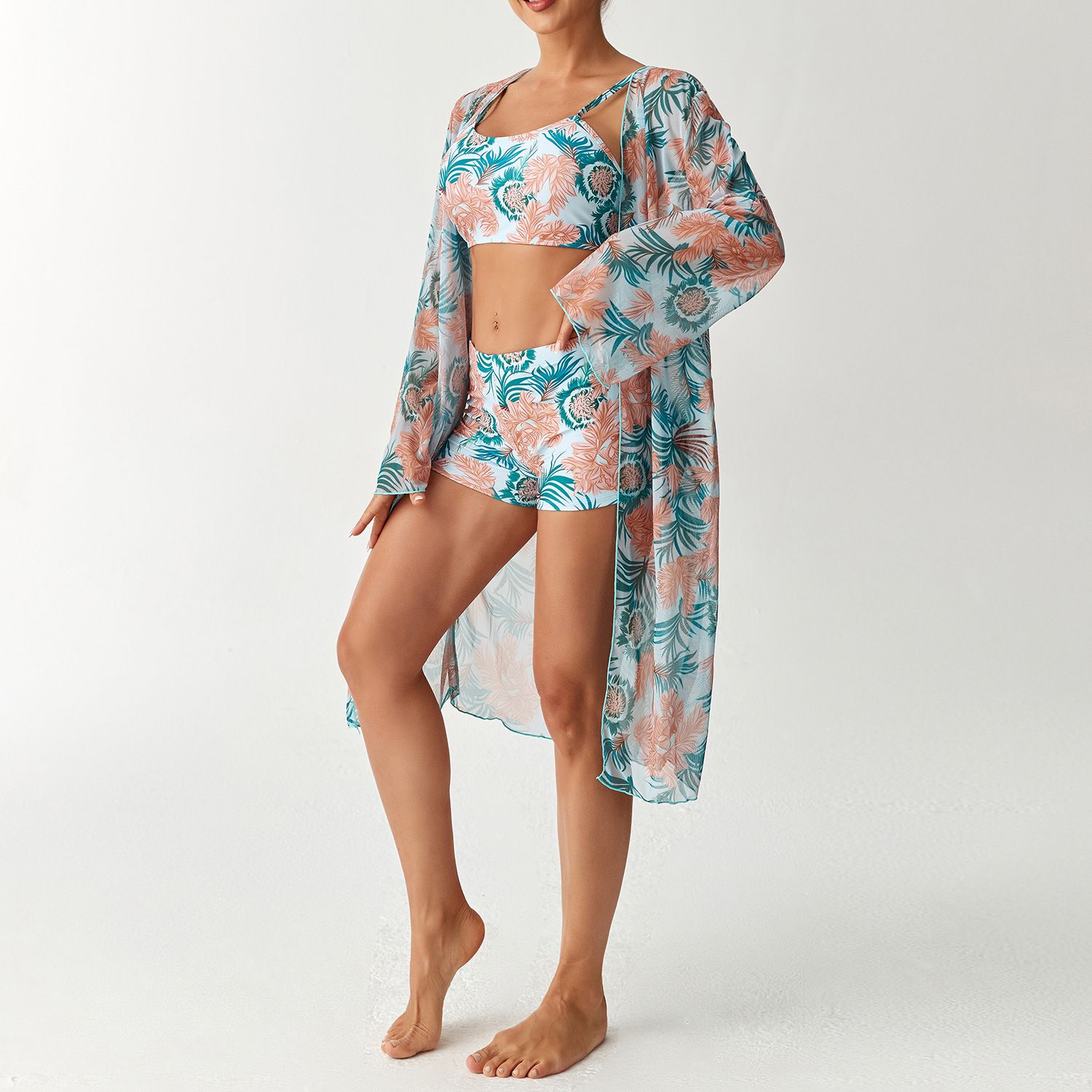 (image for) Women Tropical Print 3 Pieces Bikini Set Crop Top Boyshort Swimsuit with Long Sleeve Cover Up