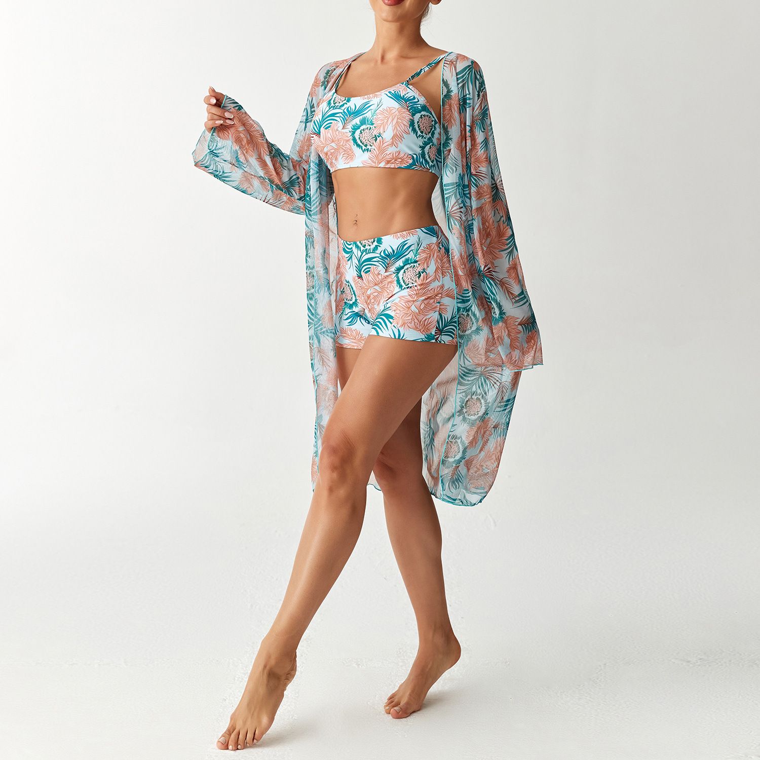 (image for) Women Tropical Print 3 Pieces Bikini Set Crop Top Boyshort Swimsuit with Long Sleeve Cover Up