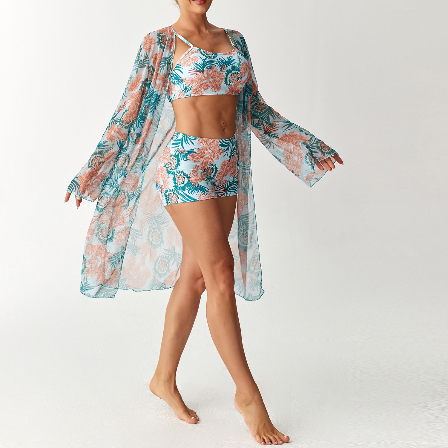 (image for) Women Tropical Print 3 Pieces Bikini Set Crop Top Boyshort Swimsuit with Long Sleeve Cover Up