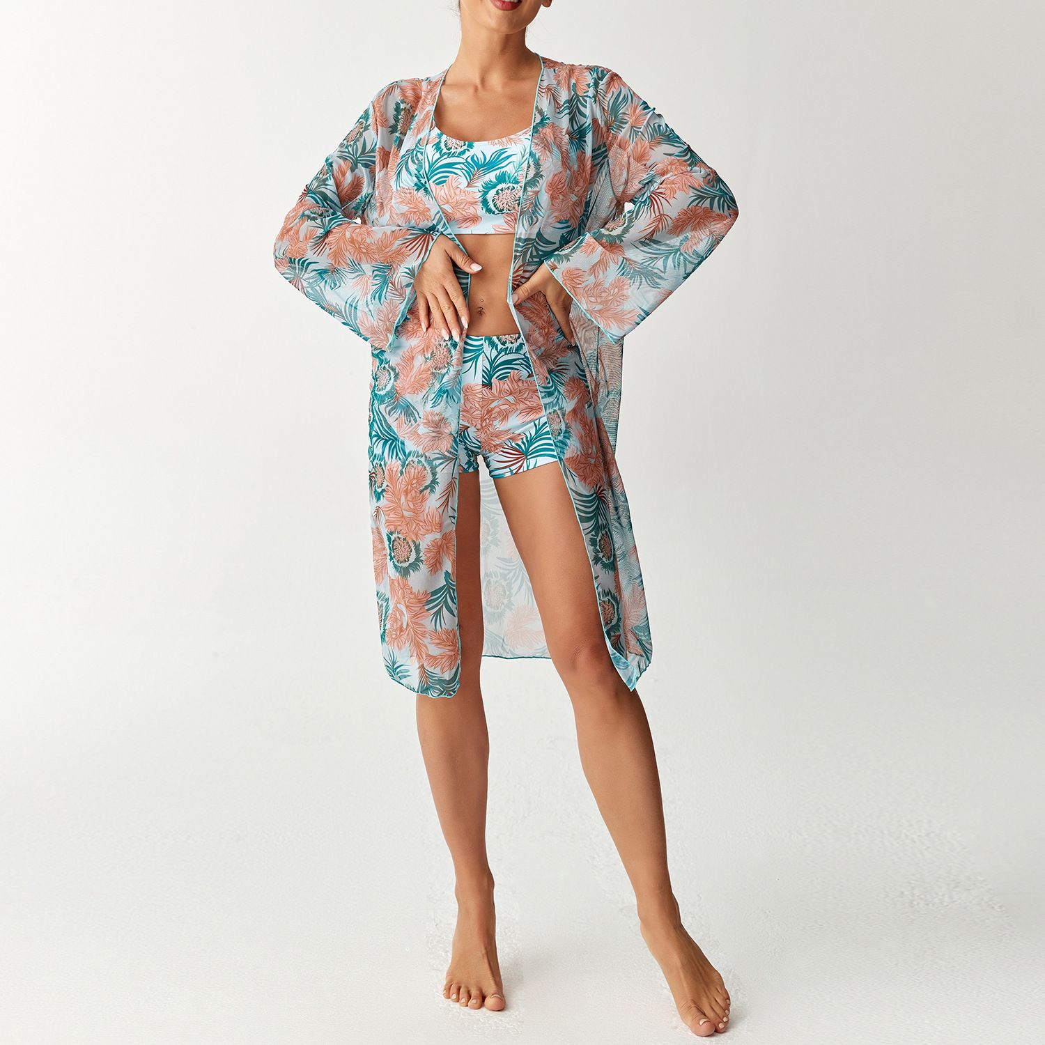 (image for) Women Tropical Print 3 Pieces Bikini Set Crop Top Boyshort Swimsuit with Long Sleeve Cover Up