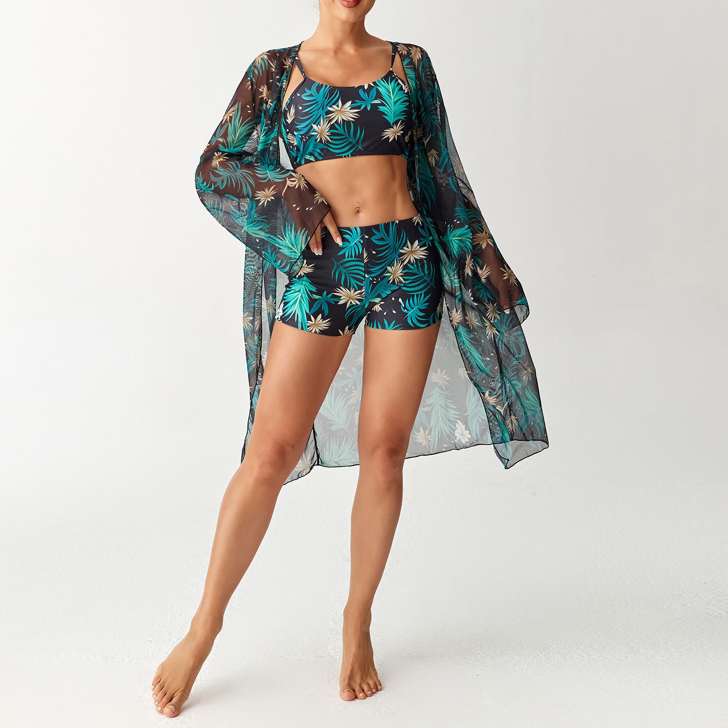 (image for) Women Tropical Print 3 Pieces Bikini Set Crop Top Boyshort Swimsuit with Long Sleeve Cover Up
