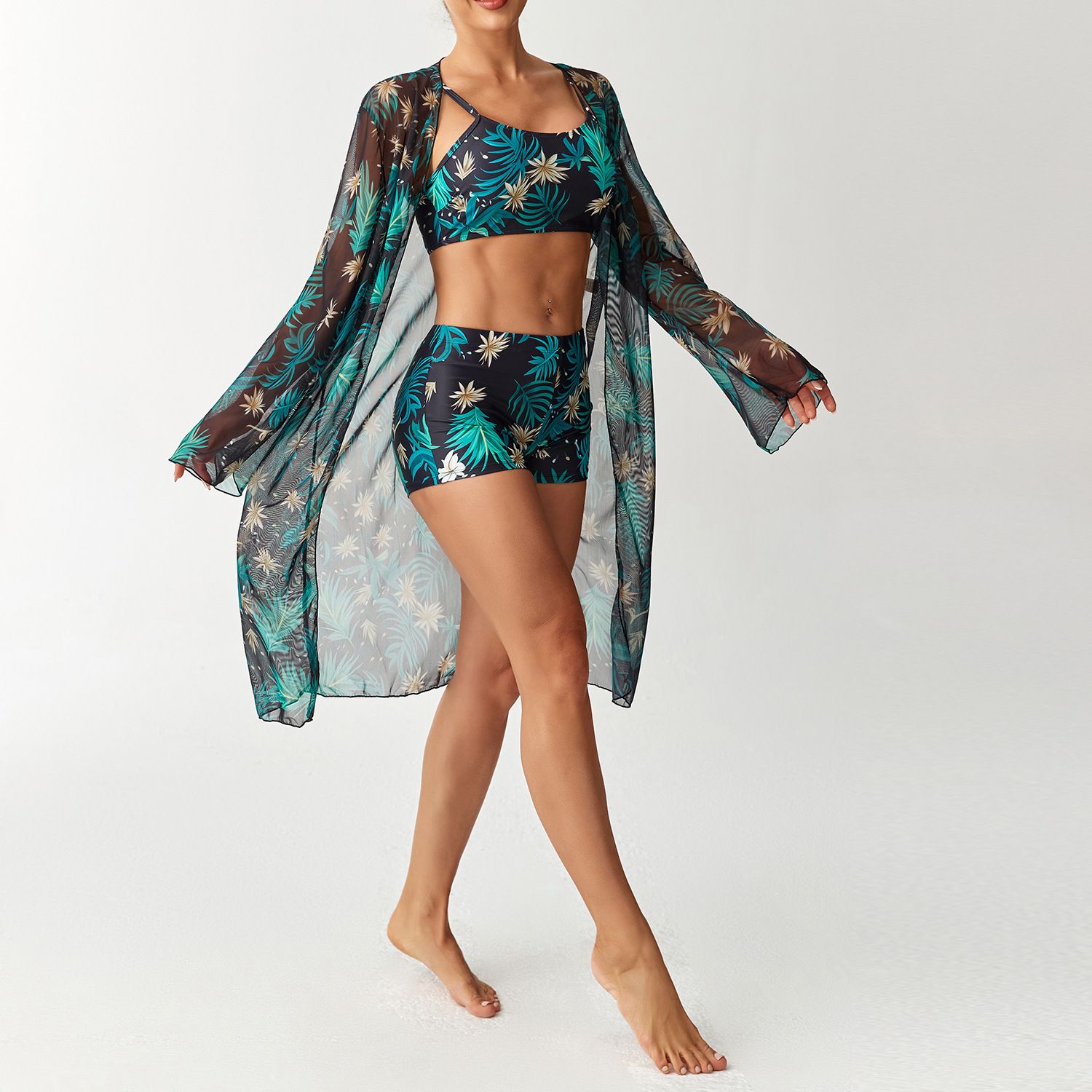 (image for) Women Tropical Print 3 Pieces Bikini Set Crop Top Boyshort Swimsuit with Long Sleeve Cover Up