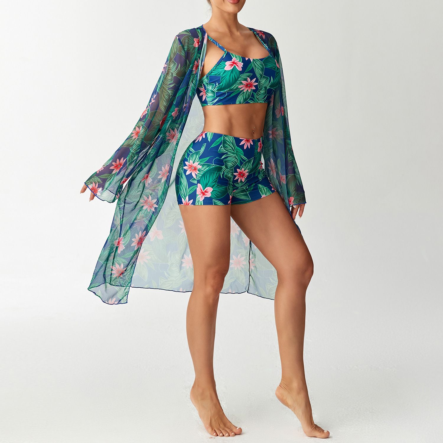 (image for) Women Tropical Print 3 Pieces Bikini Set Crop Top Boyshort Swimsuit with Long Sleeve Cover Up