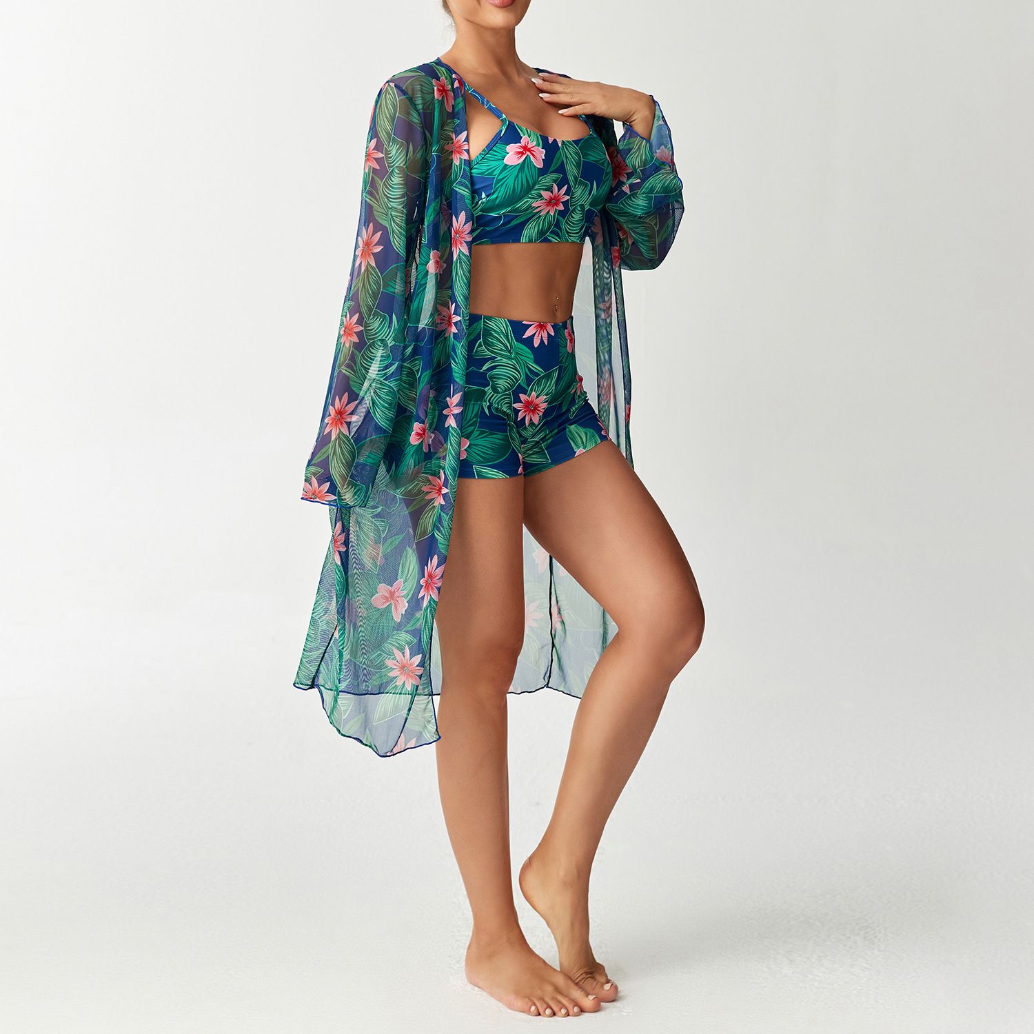 (image for) Women Tropical Print 3 Pieces Bikini Set Crop Top Boyshort Swimsuit with Long Sleeve Cover Up