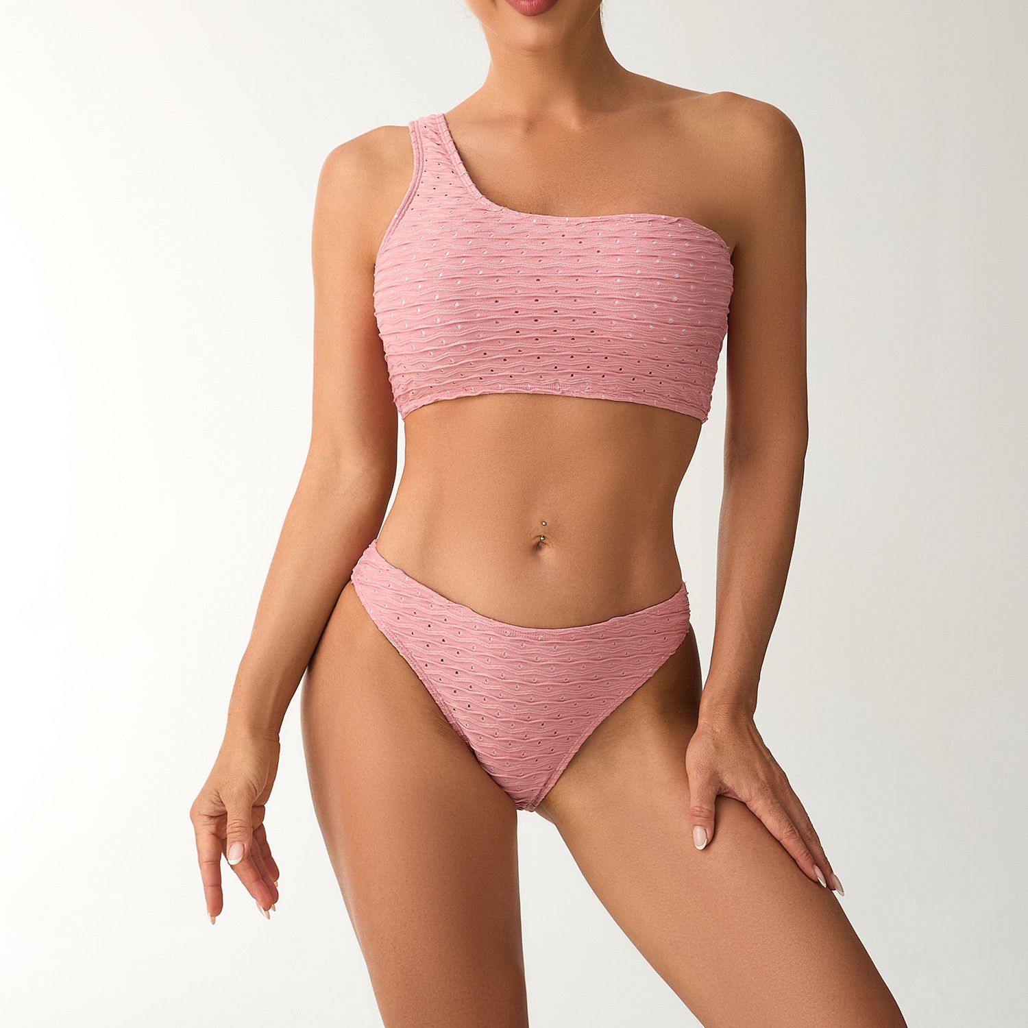 (image for) 2025 New Solid One‑Shoulder Bikini Set Textured Two‑Piece Women Swimsuit
