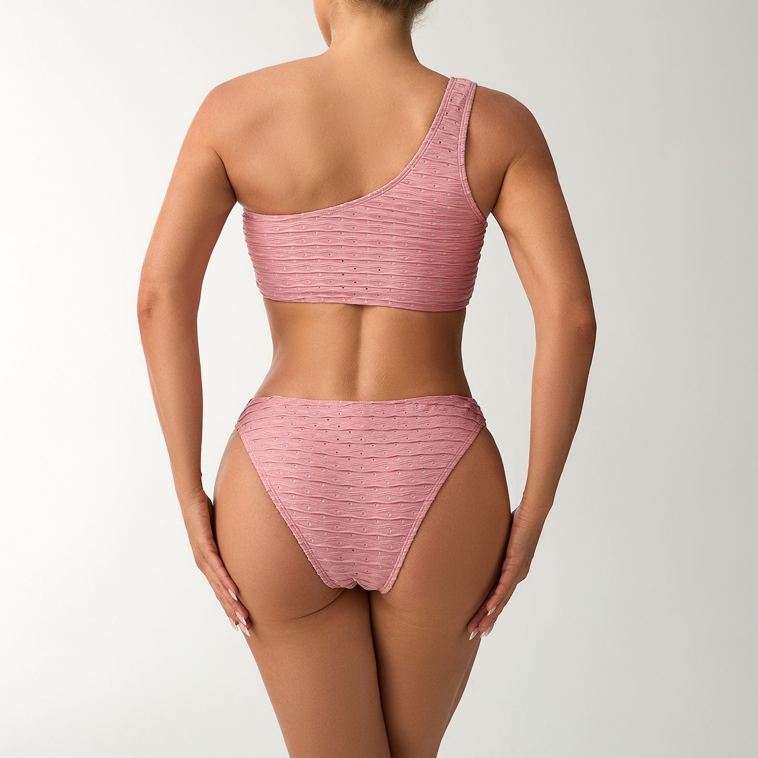 (image for) 2025 New Solid One‑Shoulder Bikini Set Textured Two‑Piece Women Swimsuit