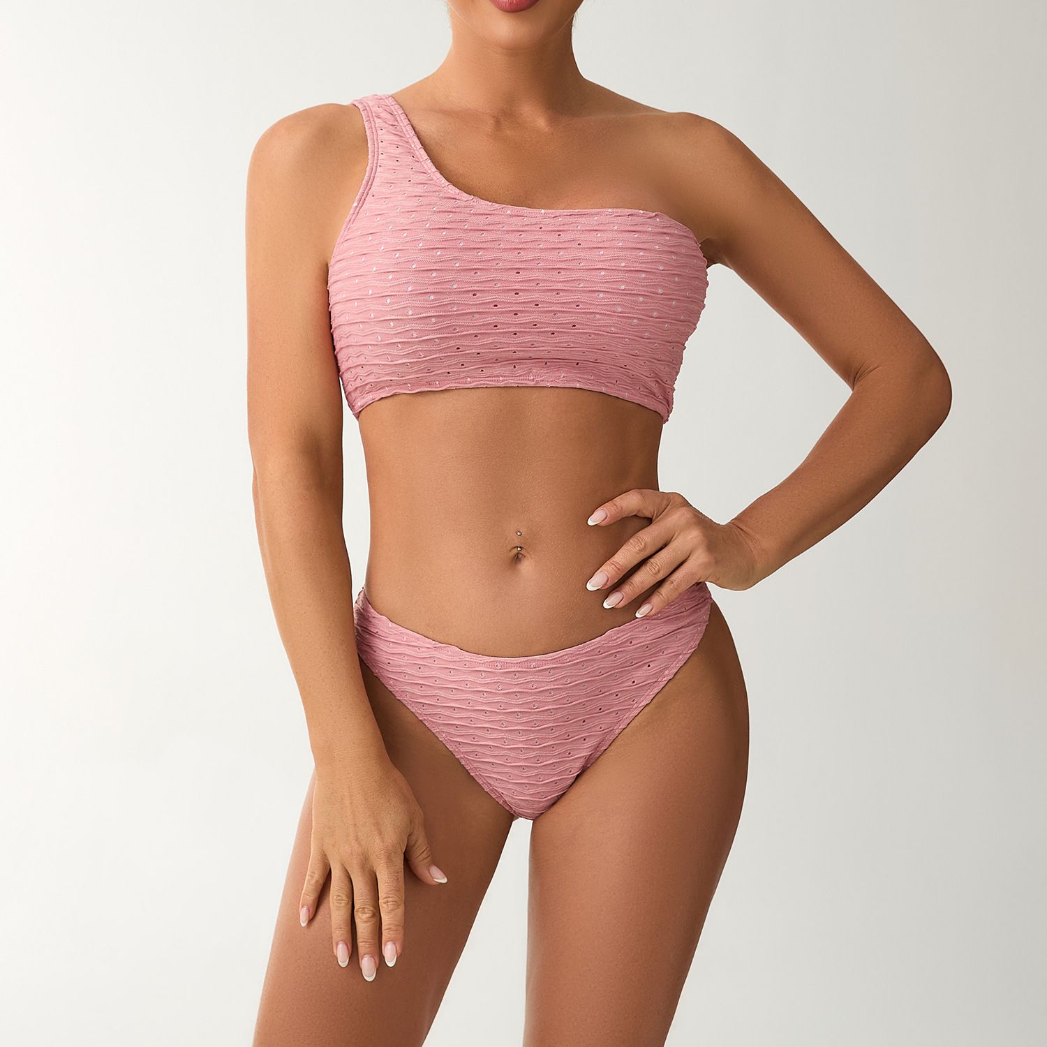 (image for) 2025 New Solid One‑Shoulder Bikini Set Textured Two‑Piece Women Swimsuit
