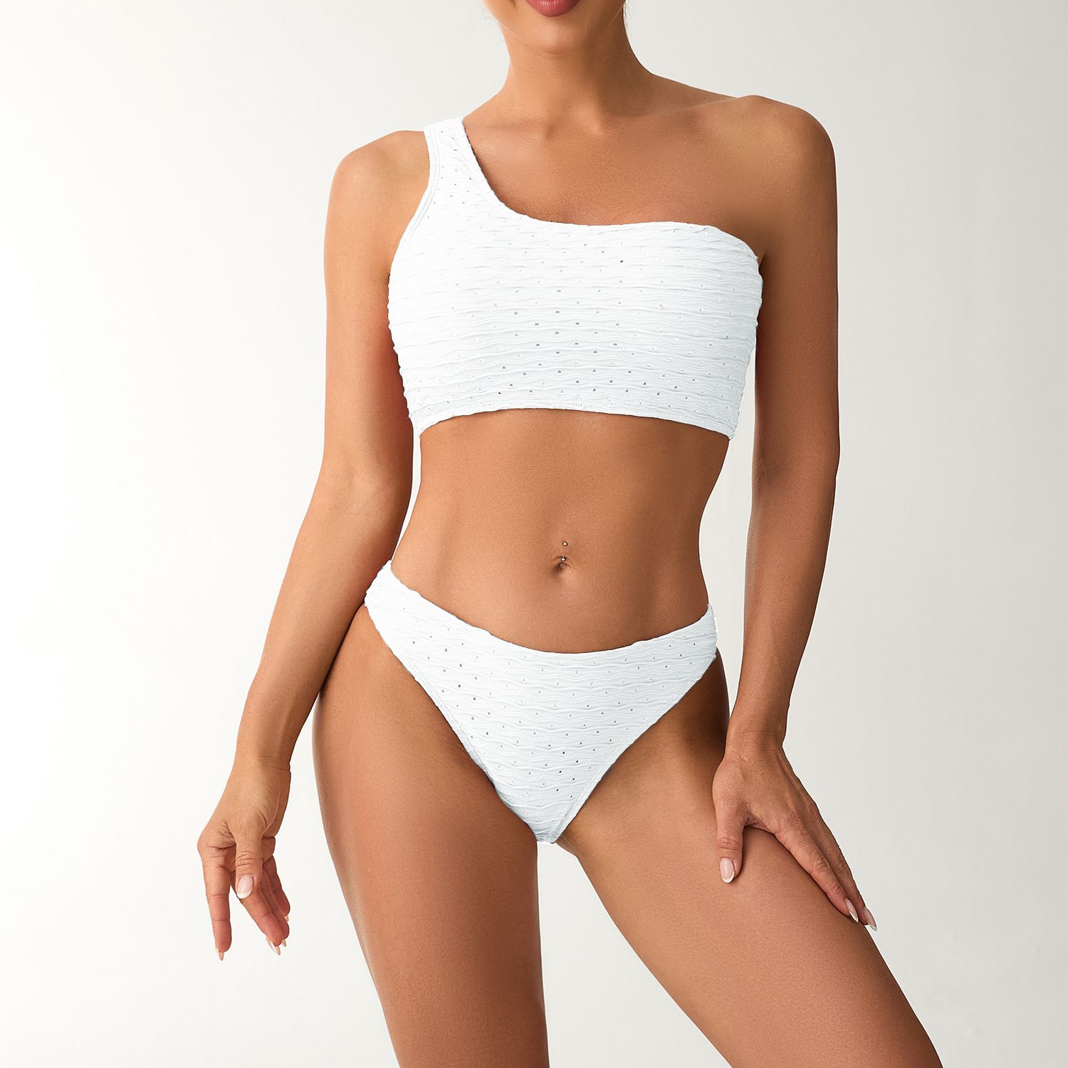 (image for) 2025 New Solid One‑Shoulder Bikini Set Textured Two‑Piece Women Swimsuit