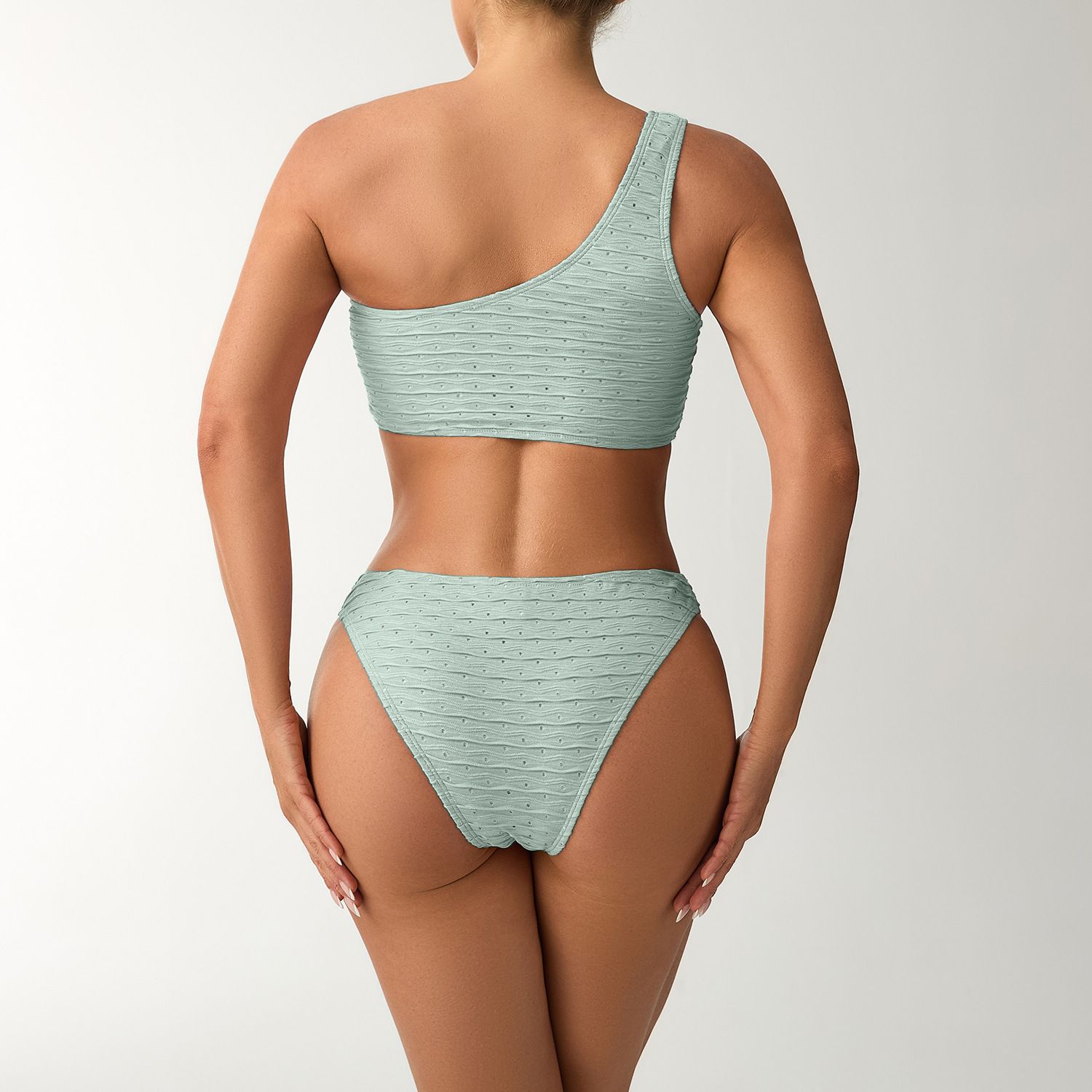 (image for) 2025 New Solid One‑Shoulder Bikini Set Textured Two‑Piece Women Swimsuit