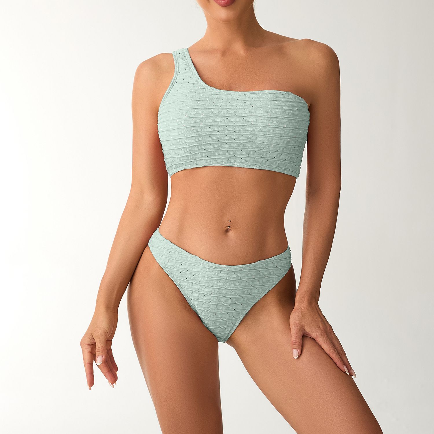 (image for) 2025 New Solid One‑Shoulder Bikini Set Textured Two‑Piece Women Swimsuit
