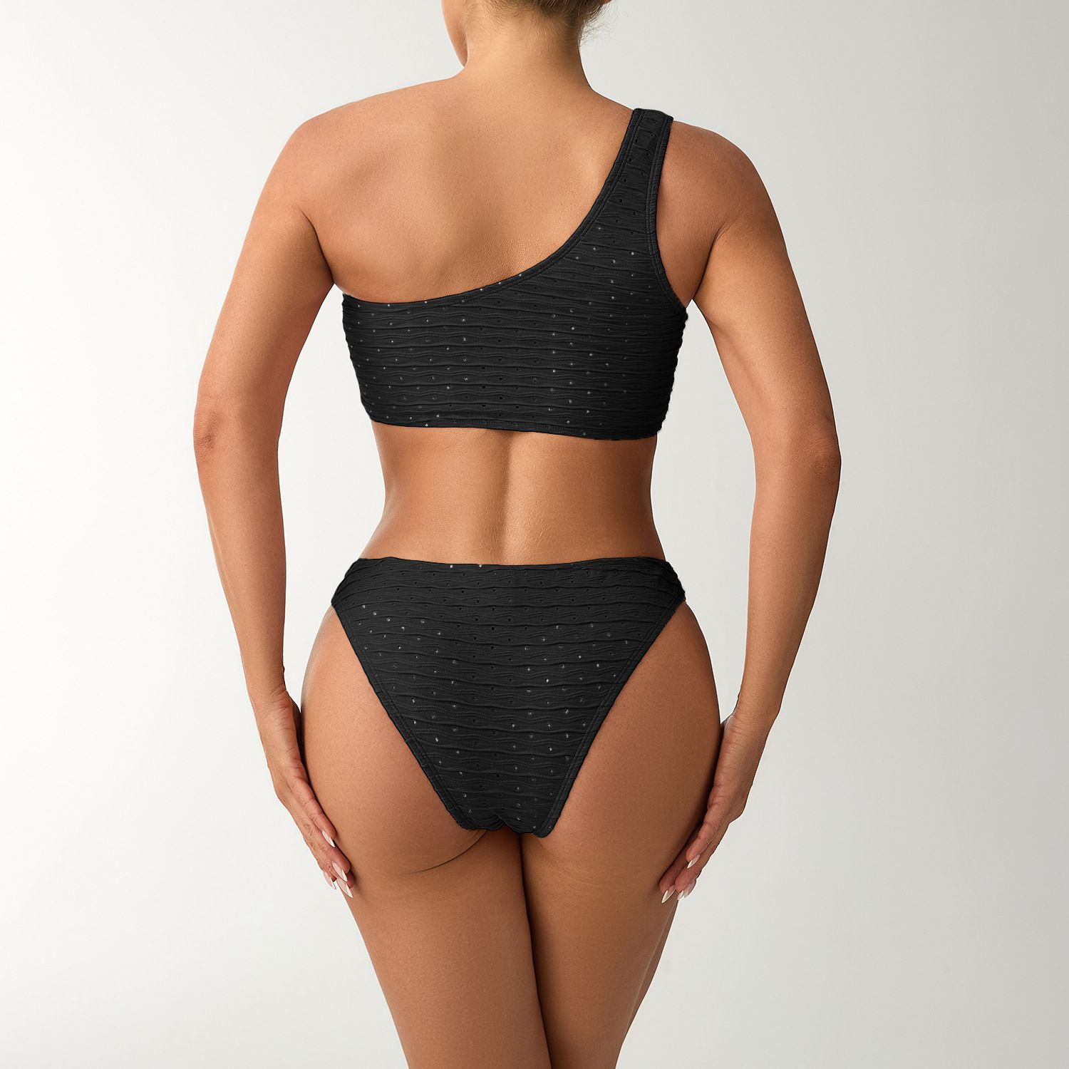 (image for) 2025 New Solid One‑Shoulder Bikini Set Textured Two‑Piece Women Swimsuit