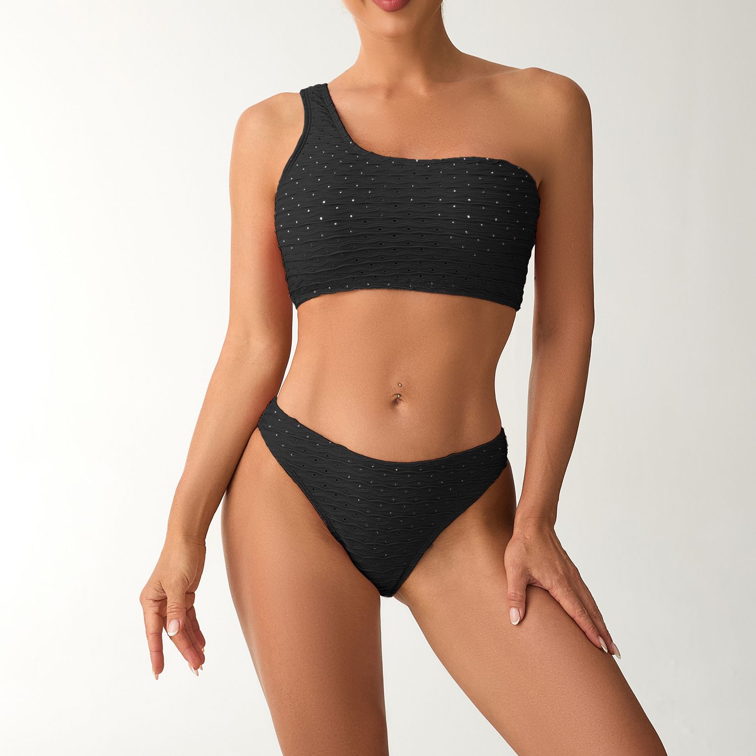 (image for) 2025 New Solid One‑Shoulder Bikini Set Textured Two‑Piece Women Swimsuit