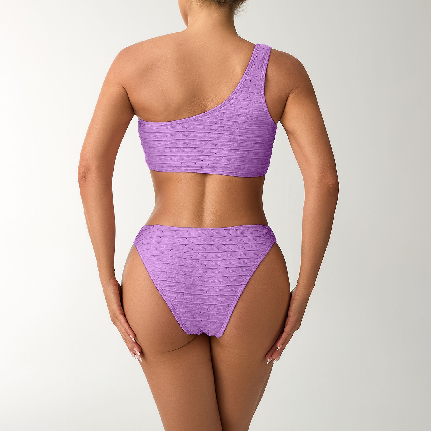 (image for) 2025 New Solid One‑Shoulder Bikini Set Textured Two‑Piece Women Swimsuit