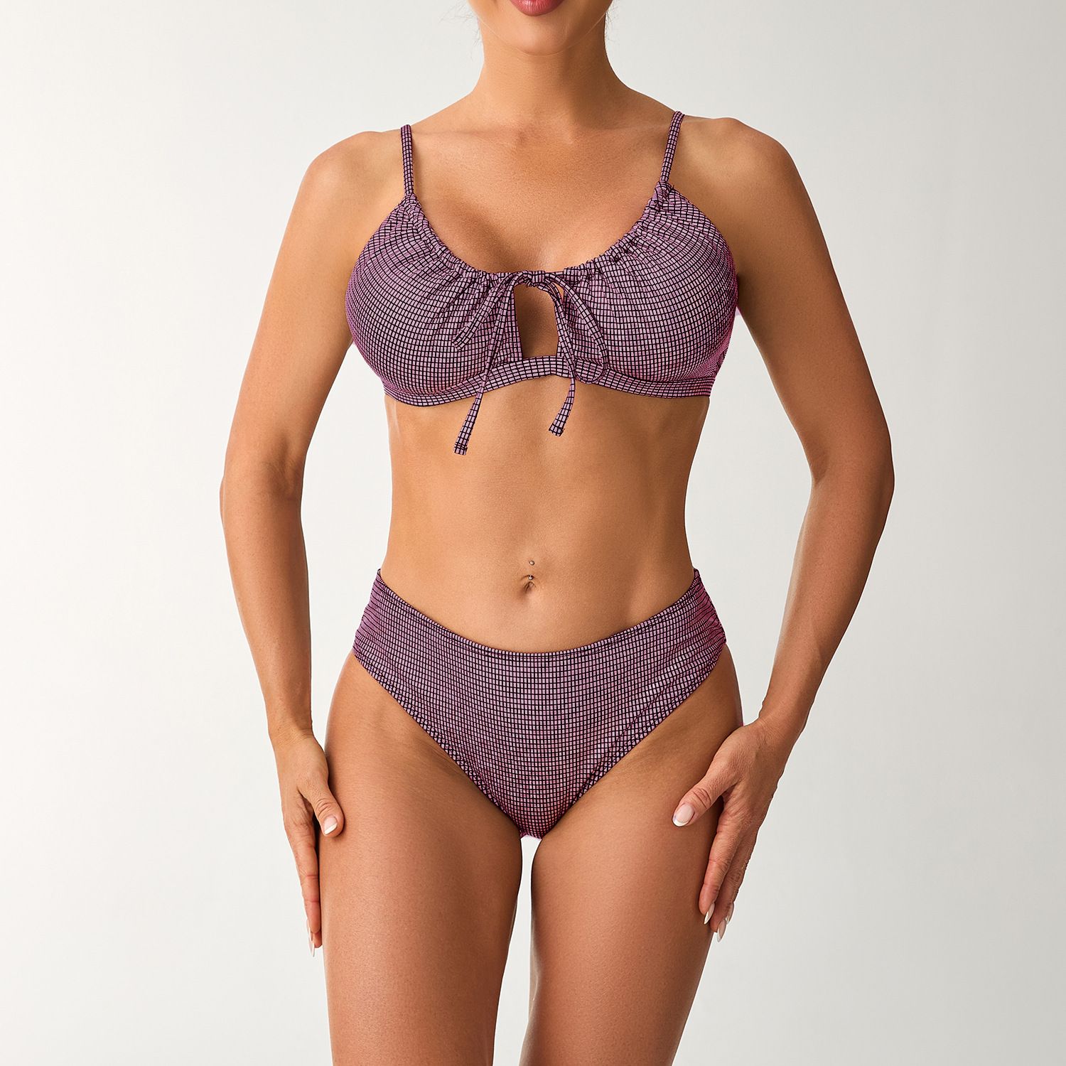 2026 New Gold Foil Plaid Bikini Set Tie‑Front Two‑Piece Women Swimsuit (image for) 2026 New Gold Foil Plaid Bikini Set Tie‑Front Two‑Piece Women Swimsuit